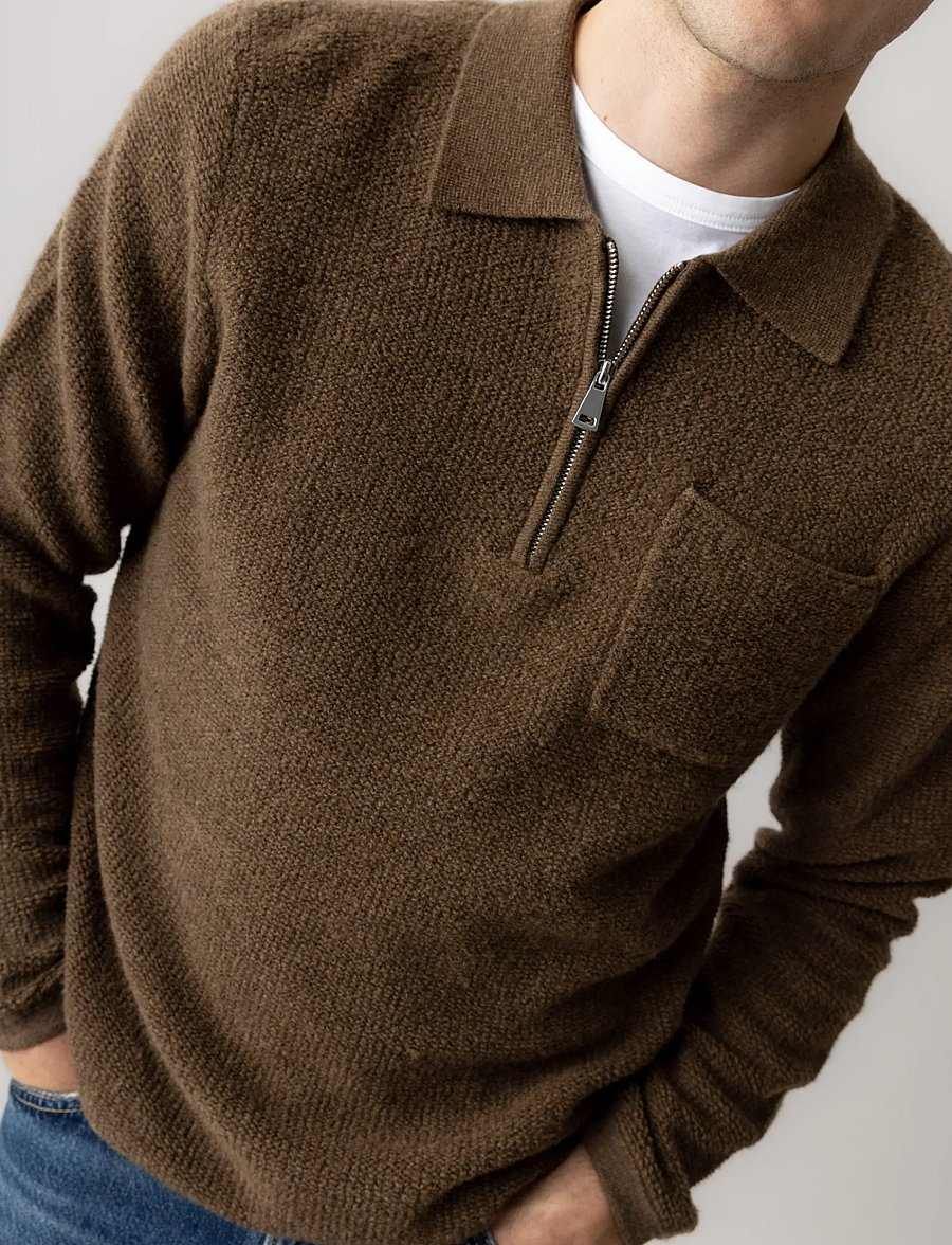 Mos Mosh Gallery - MMGRyan Soft Polo Zip Knit - langärmelige strick-polohemden - toasted coconut - 0