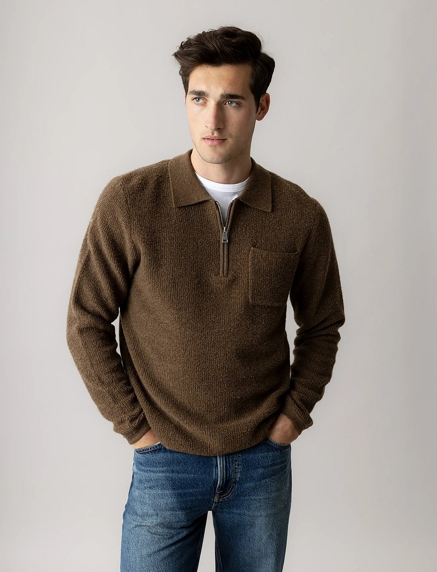 Mos Mosh Gallery - MMGRyan Soft Polo Zip Knit - langärmelige strick-polohemden - toasted coconut - 3