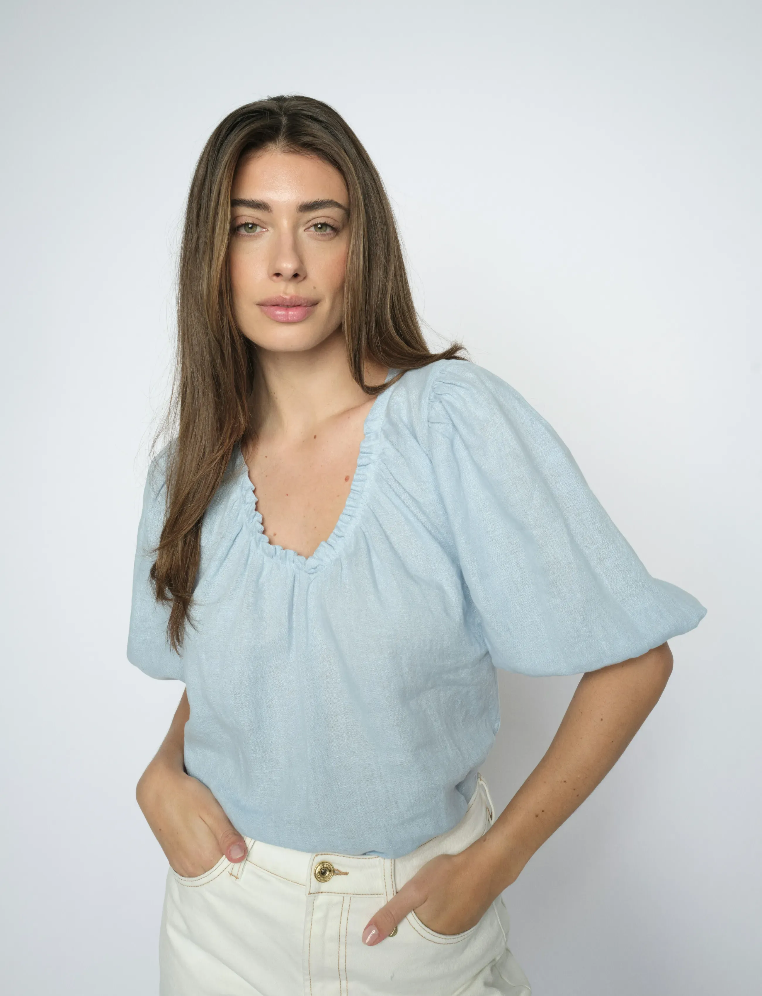 MOS MOSH Mmtaissa Linen Blouse, XS, Blouses, Blau - Short-sleeved, Frauen