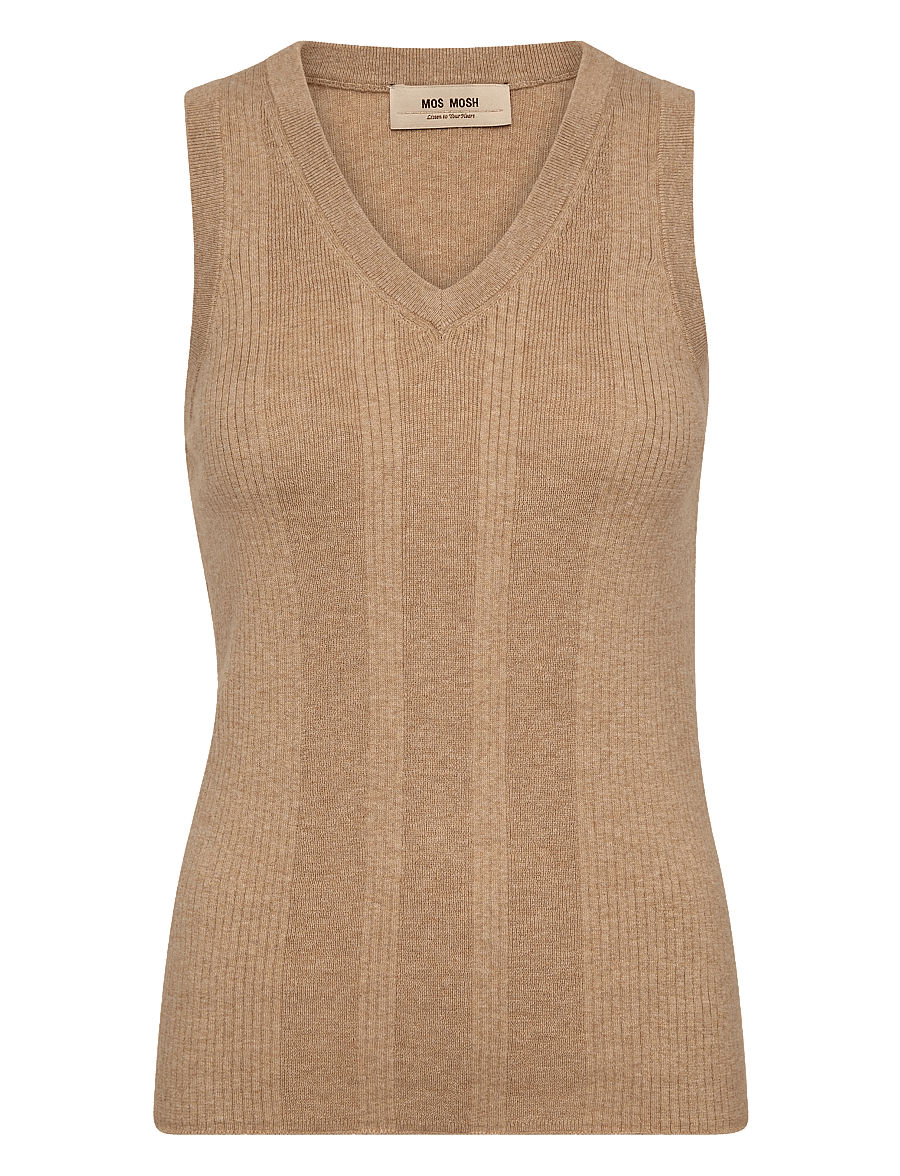 MOS MOSH - MMRelena Tani Rib V-neck Tank Top - stickade västar - sesame - 0