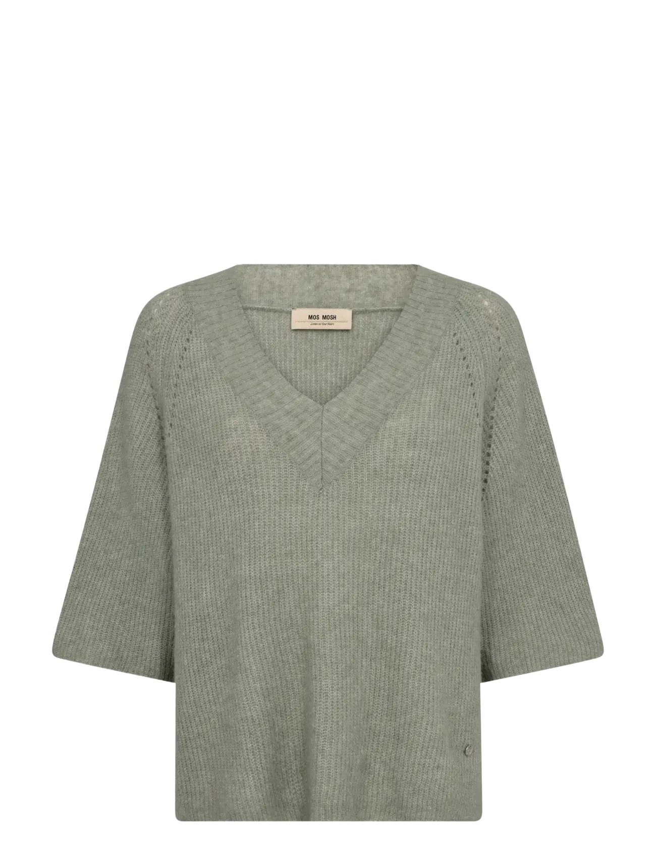MOS MOSH Mmtaci 3/4 V-Neck Knit, Kvinder, V-Hals 3/4 Ærme Strik, Kakigrøn, Str: S