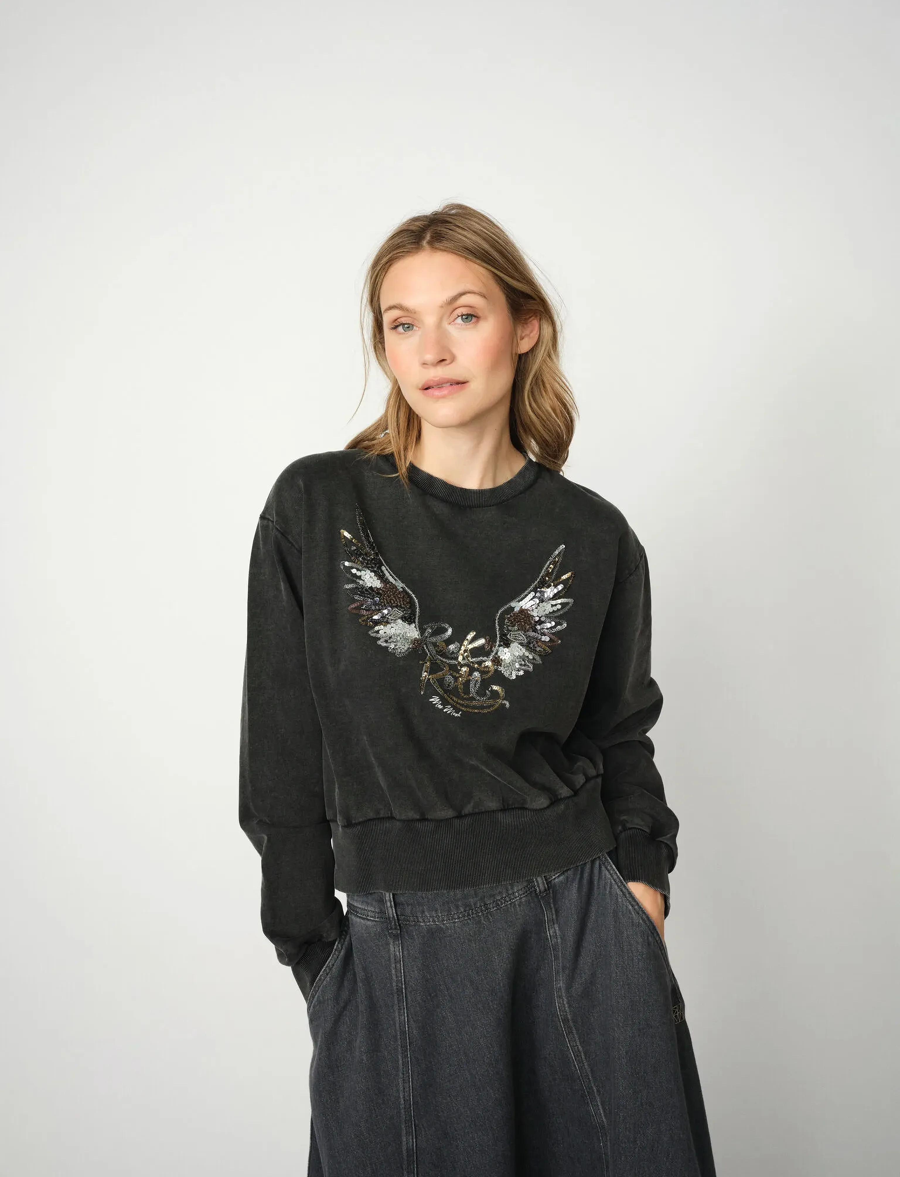 MOS MOSH Mmcosette O-Ls Deco Sweatshirt, S, Black, Sweatshirts & Hættetrøjer > Sweatshirts, Dame