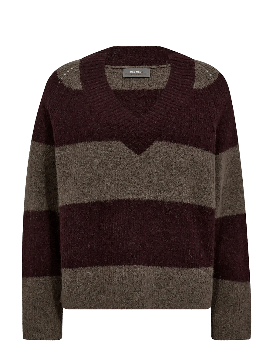MOS MOSH - MMTaci Stripe LS V-Neck Knit - džemperi - fudge - 0