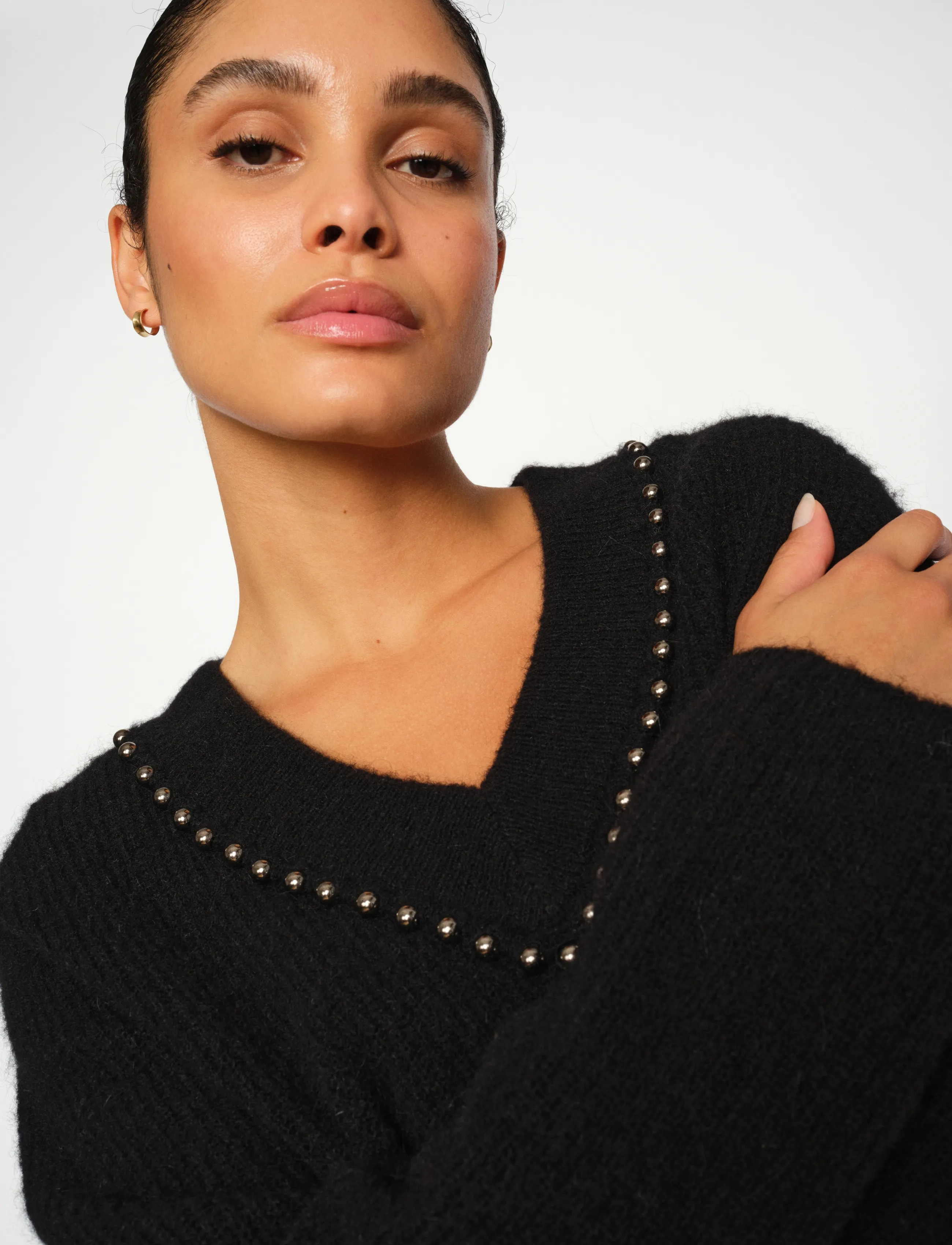 MOS MOSH Mmzora V-Neck Bead Knit, XS, Black, Strik > Trøjer, Dame