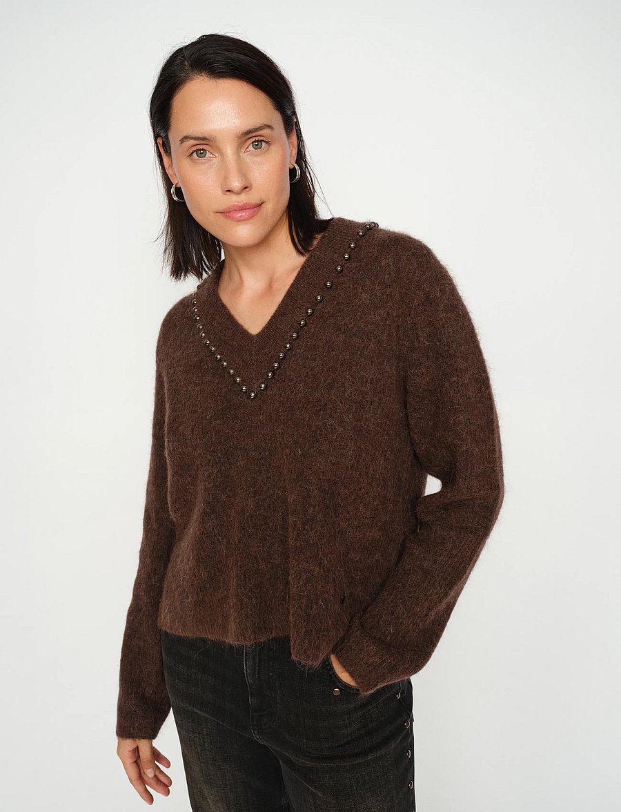 MOS MOSH - MMZora V-Neck Bead Knit - jumpers - bracken - 4