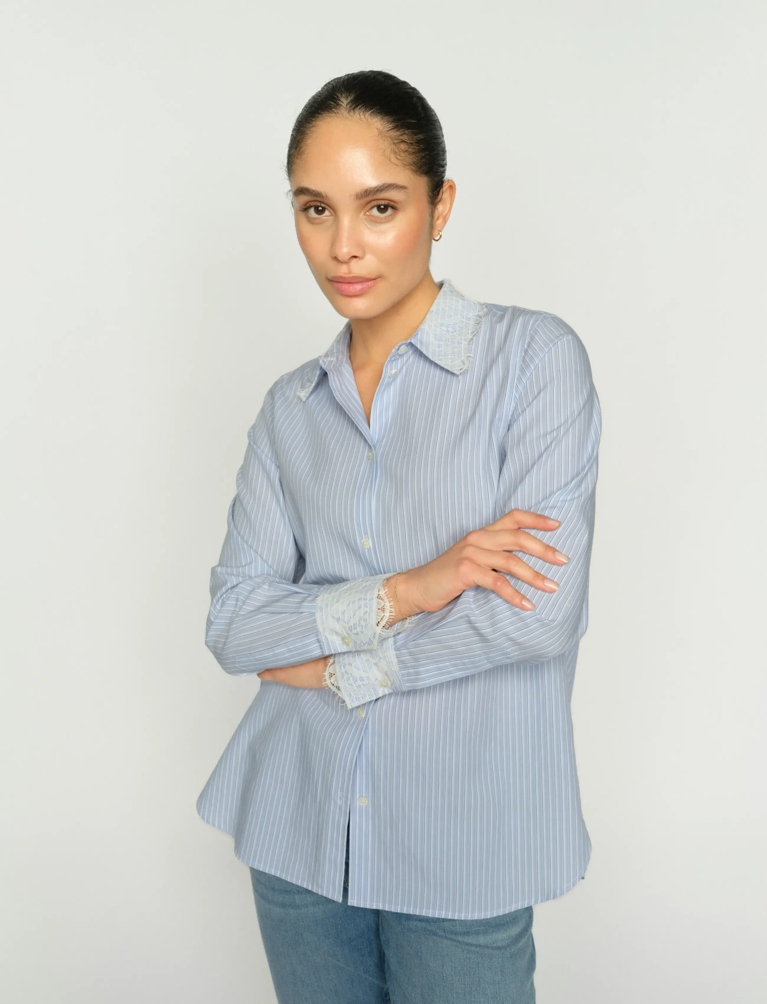 MOS MOSH - MMElinda Stripe Lace Shirt - krekli ar garām piedurknēm - brunnera blue - 3