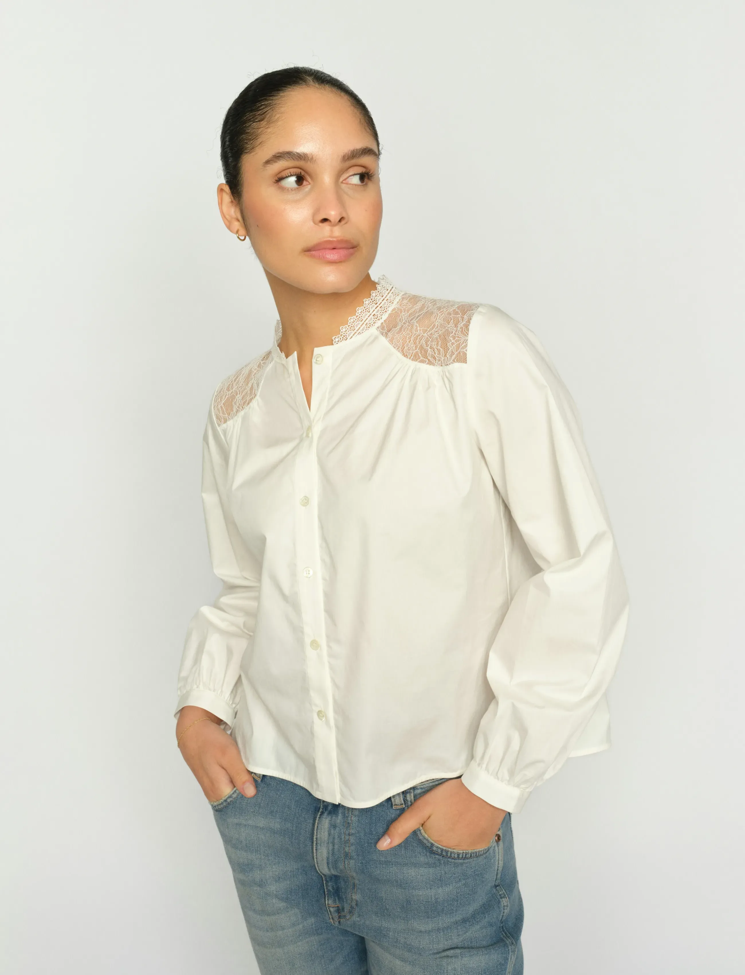 MOS MOSH Mminda Cotton Lace Shirt, XS, Blouses, Creme - Long-sleeved, Frauen