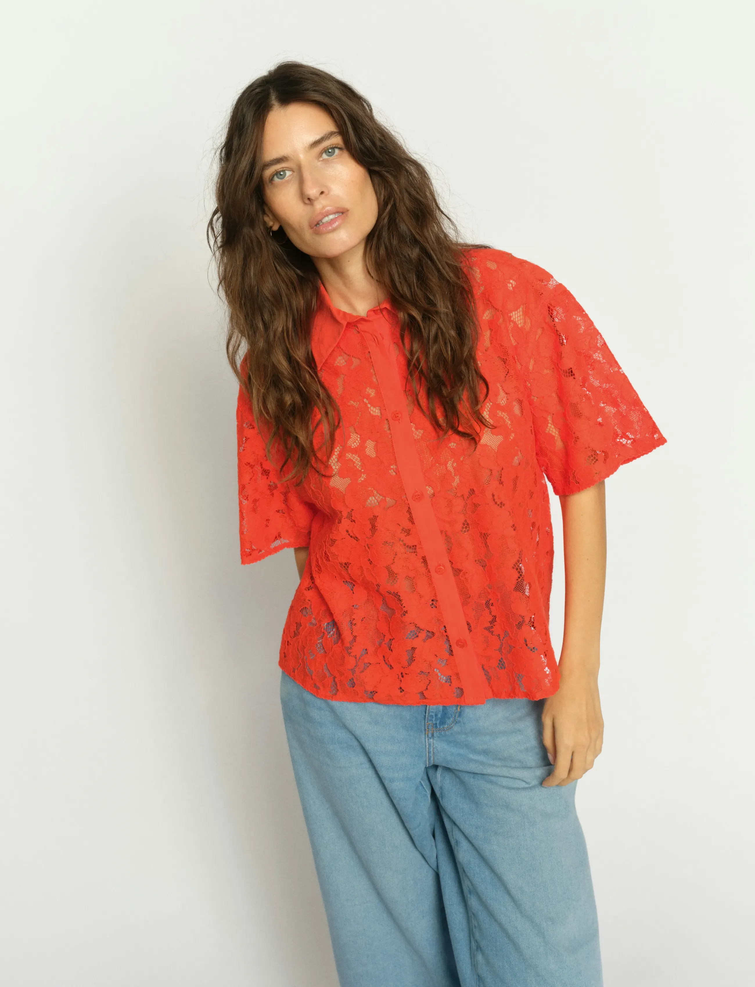 MOS MOSH MMLia River SS Lace Shirt - Shirts - SPICY ORANGE / coral