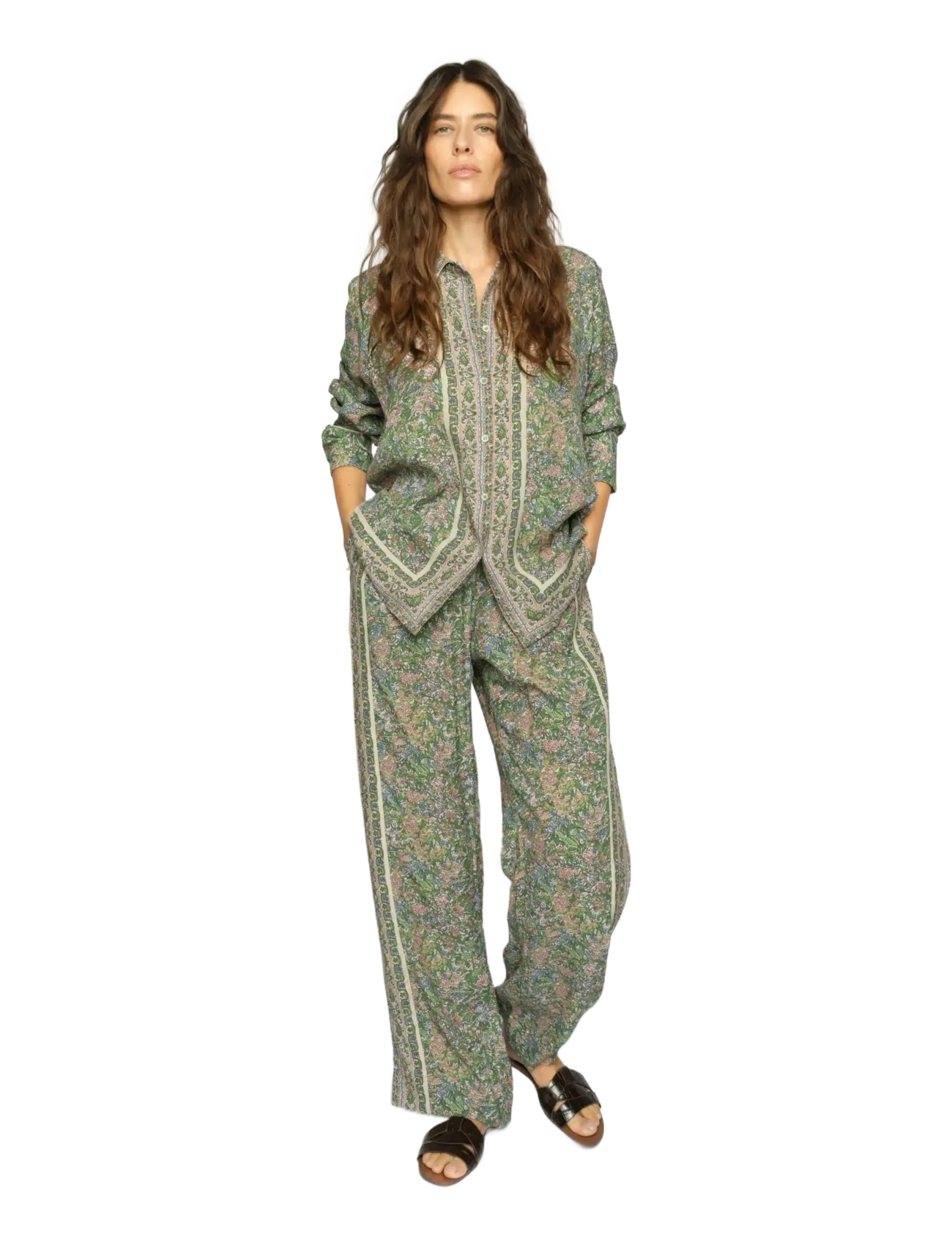 MOS MOSH - MMBala Flowish Orchid Pant - straight leg trousers - turf green - 3