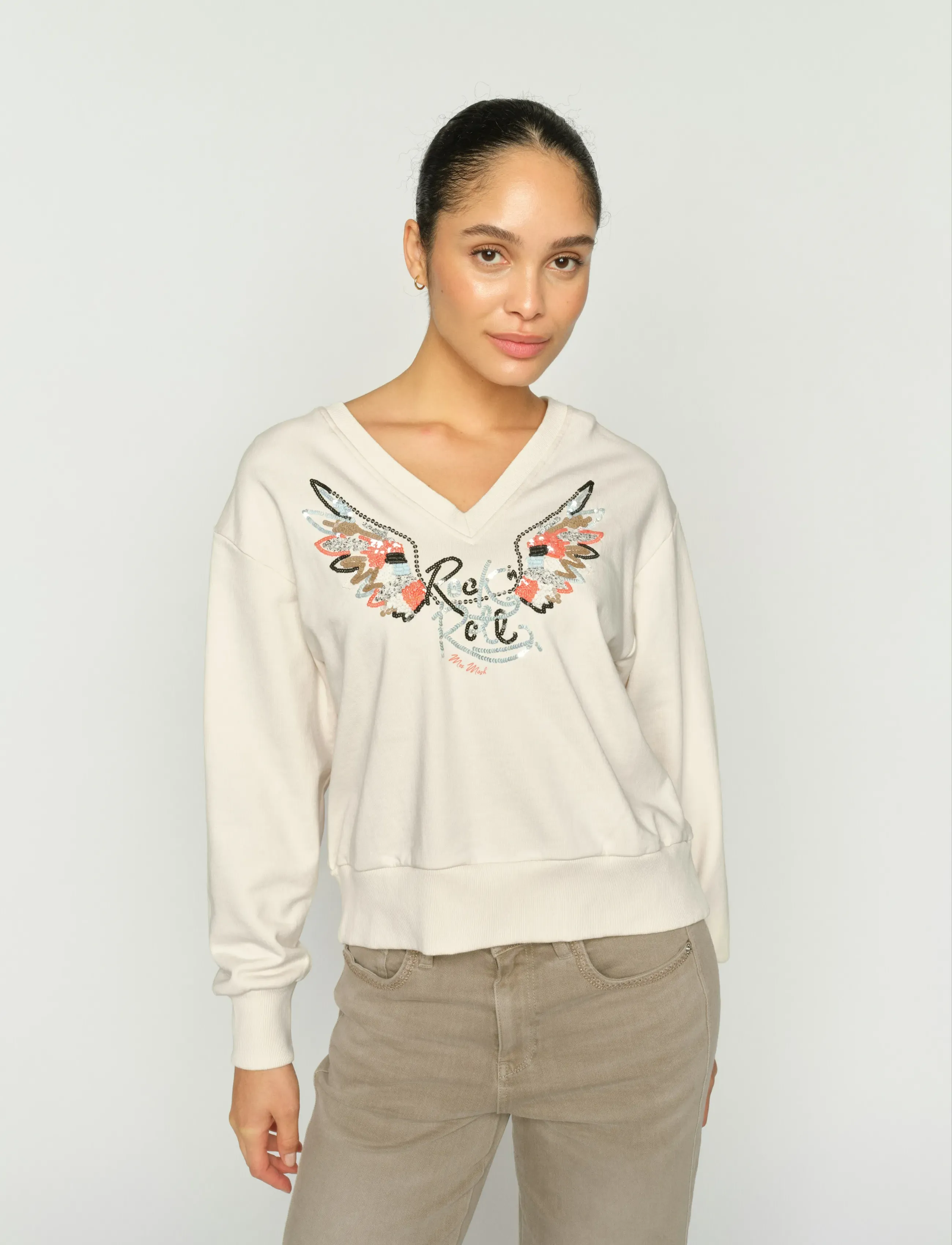 MOS MOSH Mmcosette V-Ls Spring Sweatshirt, S, Cream, Sweatshirts & Hættetrøjer > Sweatshirts, Dame