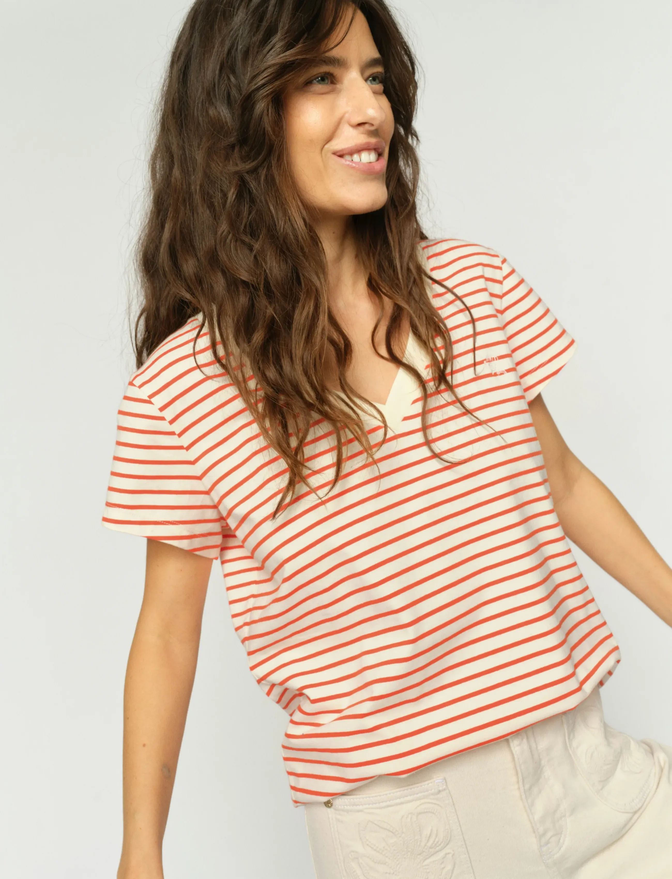 MOS MOSH MMKala V-SS Stripe Tee - T-shirts & Toppe - SPICY ORANGE / red