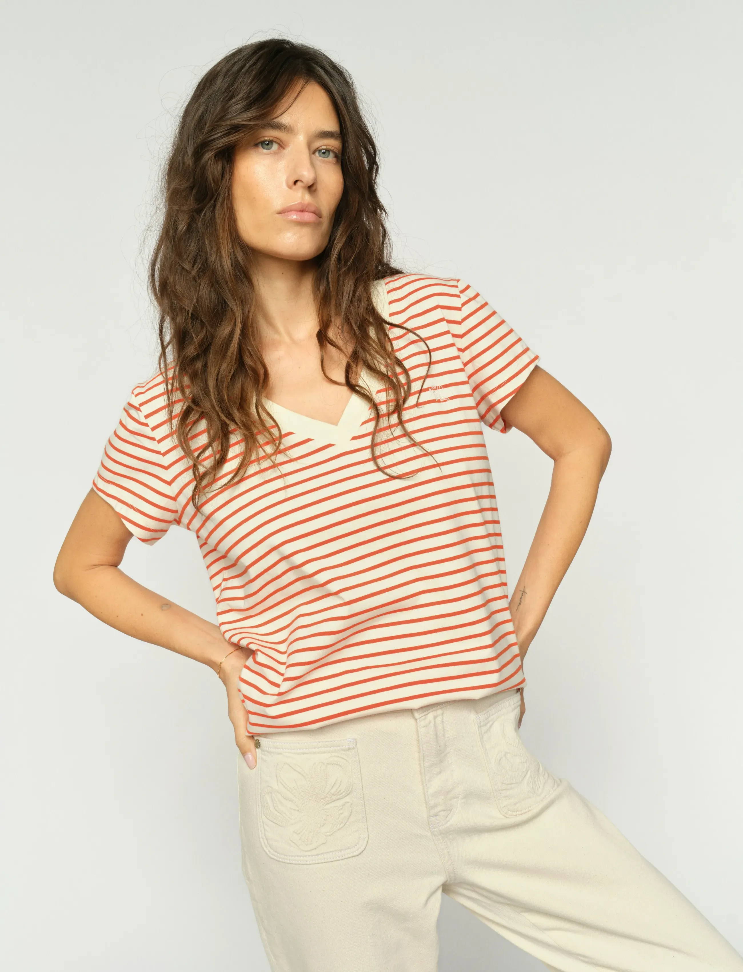 MOS MOSH - MMKala V-SS Stripe Tee - t-shirts - spicy orange - 3