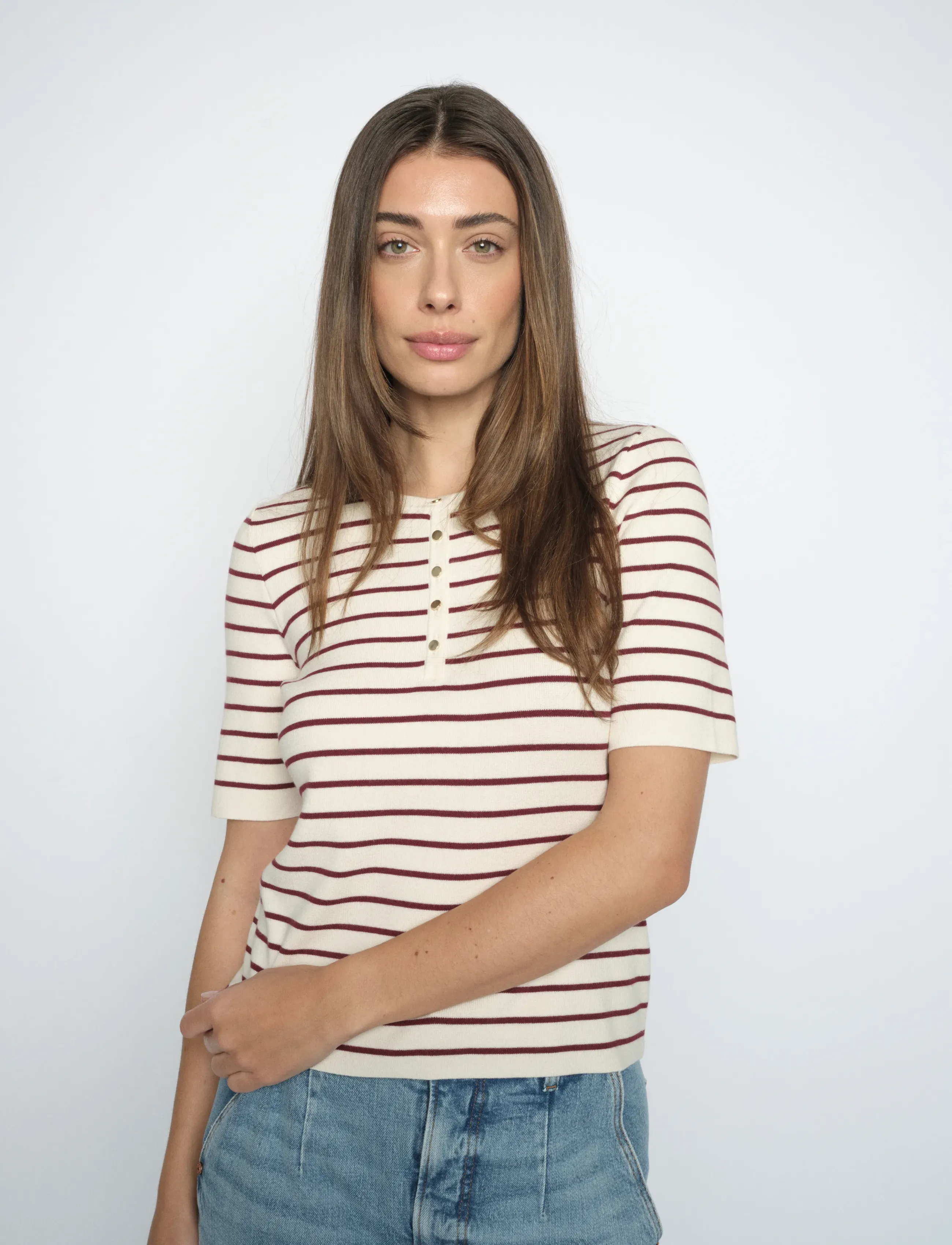MOS MOSH Mmaliz Caliz Stripe Ss Knit, S, Cream, Strik > Trøjer, Dame