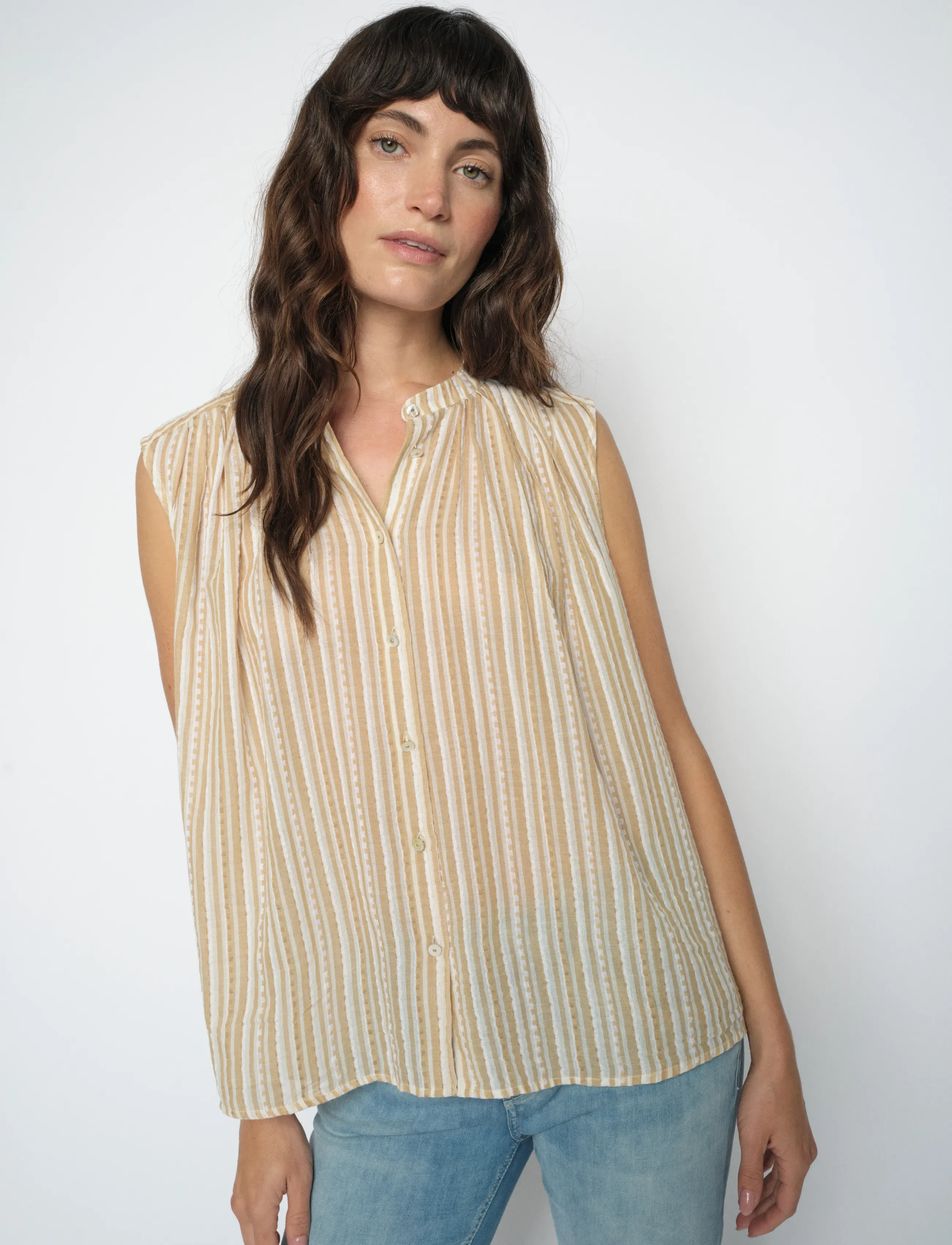 MOS MOSH Mmamelia Stripe Sl Blouse, L, Blouses, Beige - Sleeveless, Frauen