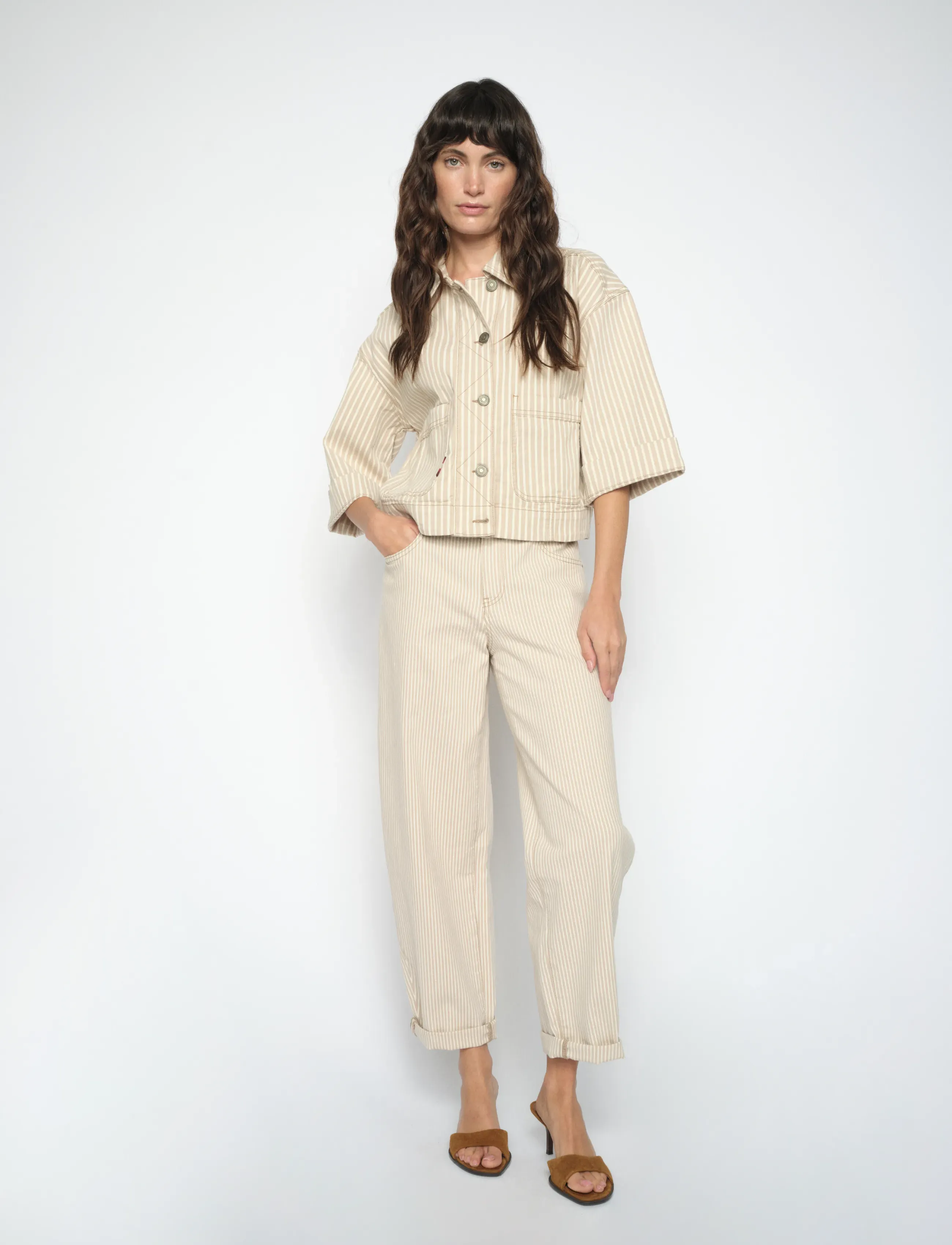 MOS MOSH Mmhellen Stripe Pant, 24 x 30, Beige, Trousers > Barrel Trousers, Dame