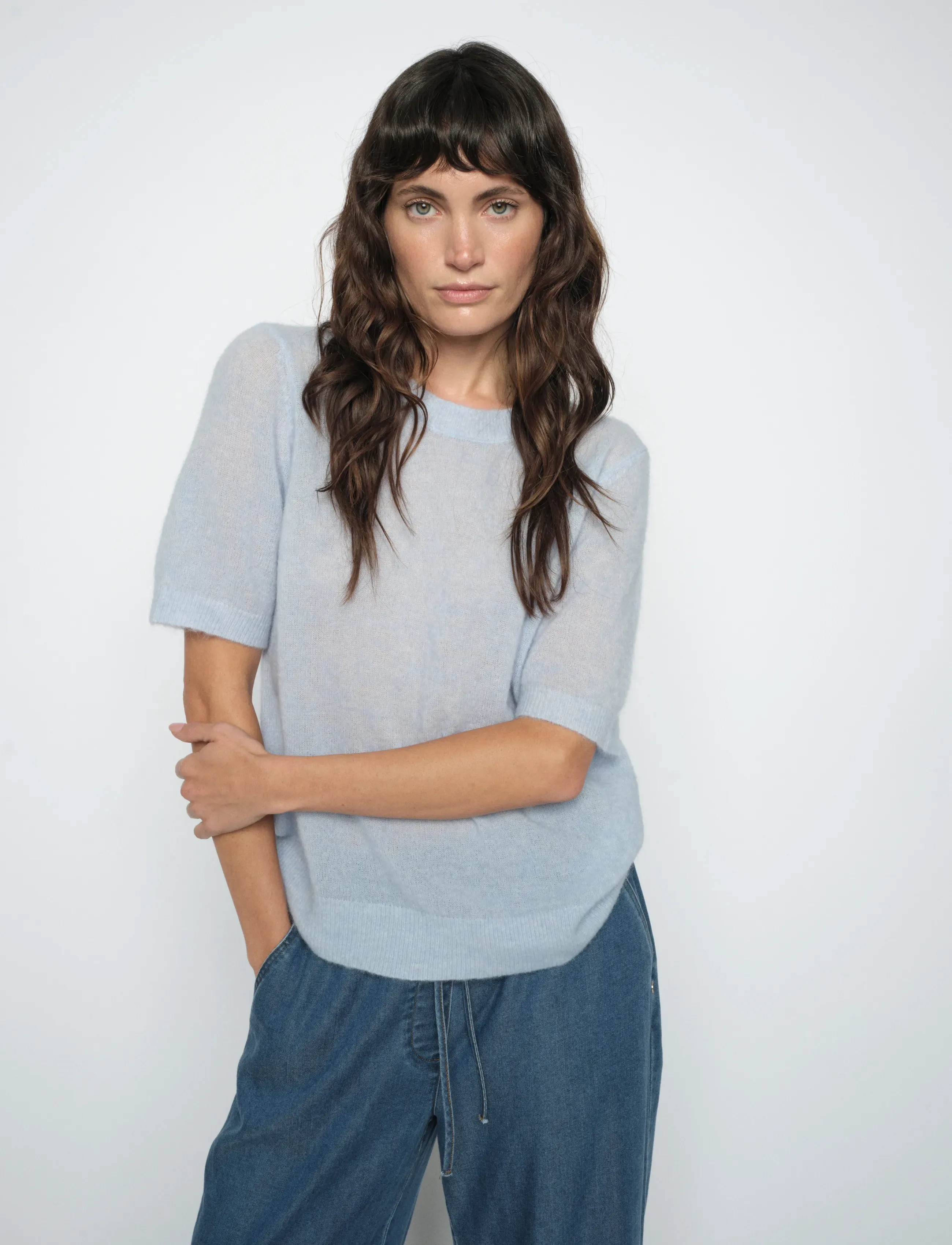 MOS MOSH Mmmape Ss O-Neck Knit, Kvinder, Kortærmet Rundhalset Strikket Top, Blå, Str: M