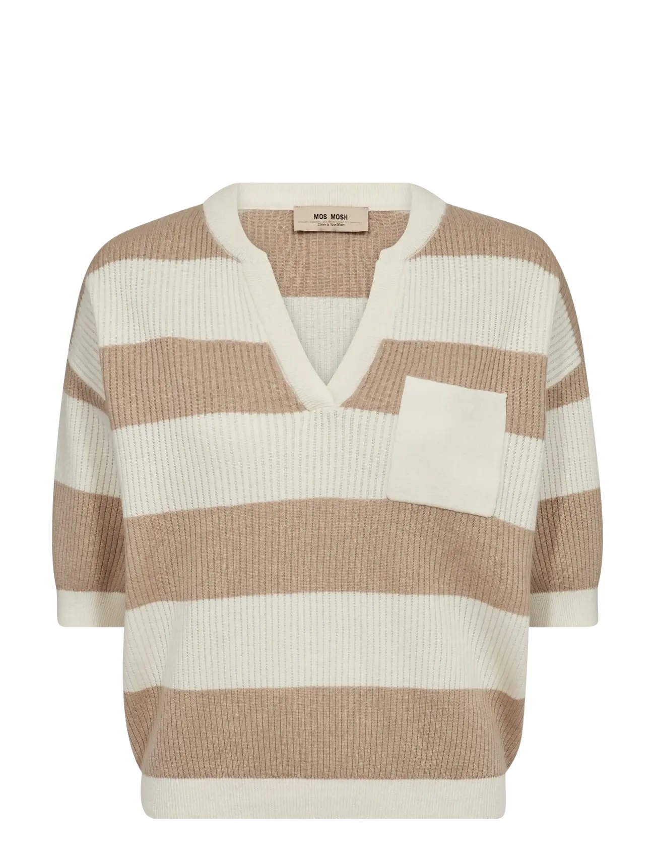 MOS MOSH Mmpinna Stripe Ss Knit, Kvinder, Stribet Kortærmet Strikketop, Beige, Str: XL