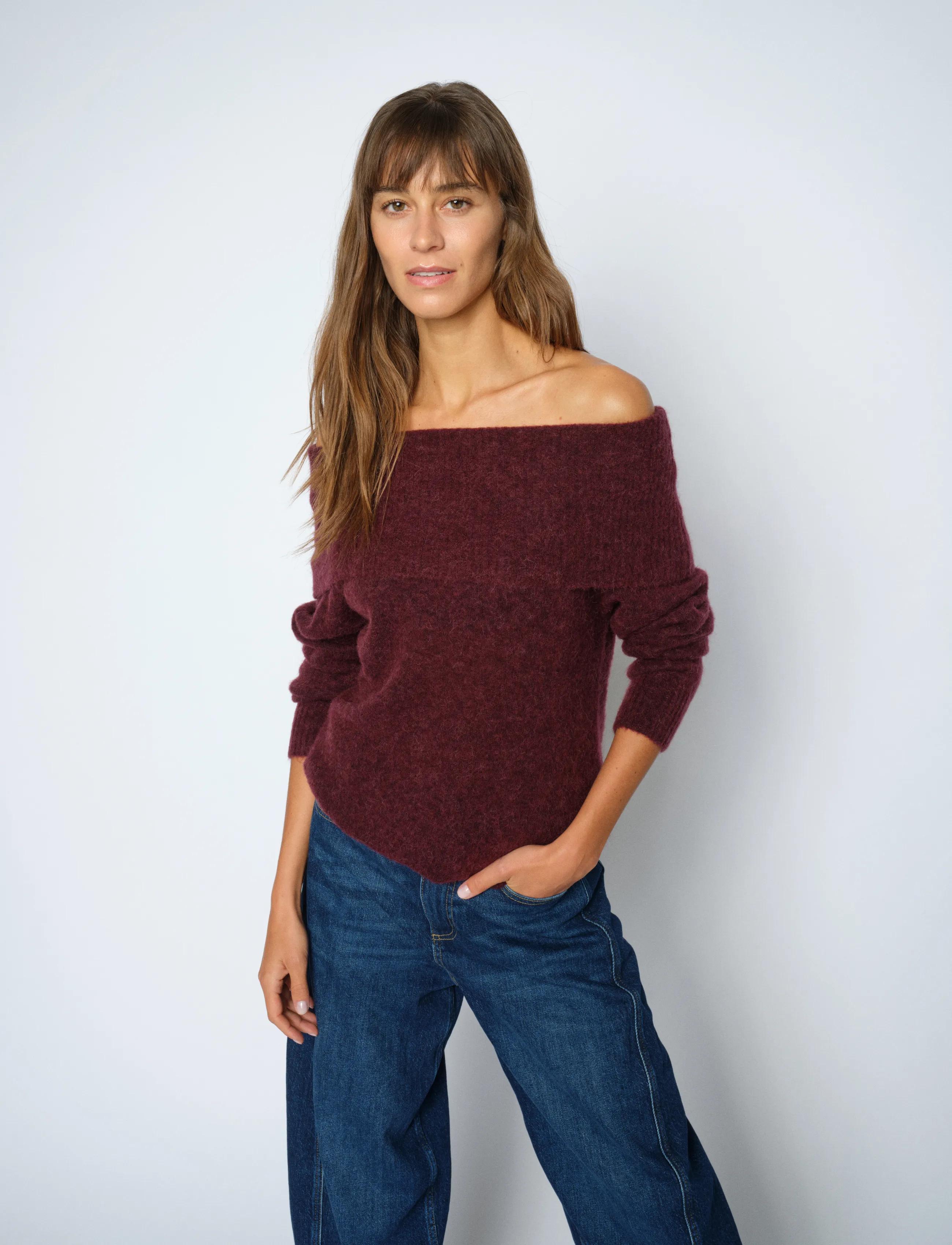 MOS MOSH Mmmape Off Shoulder Knit, Kvinder, Off Shoulder Striktrøje, Bordeaux, Str: L