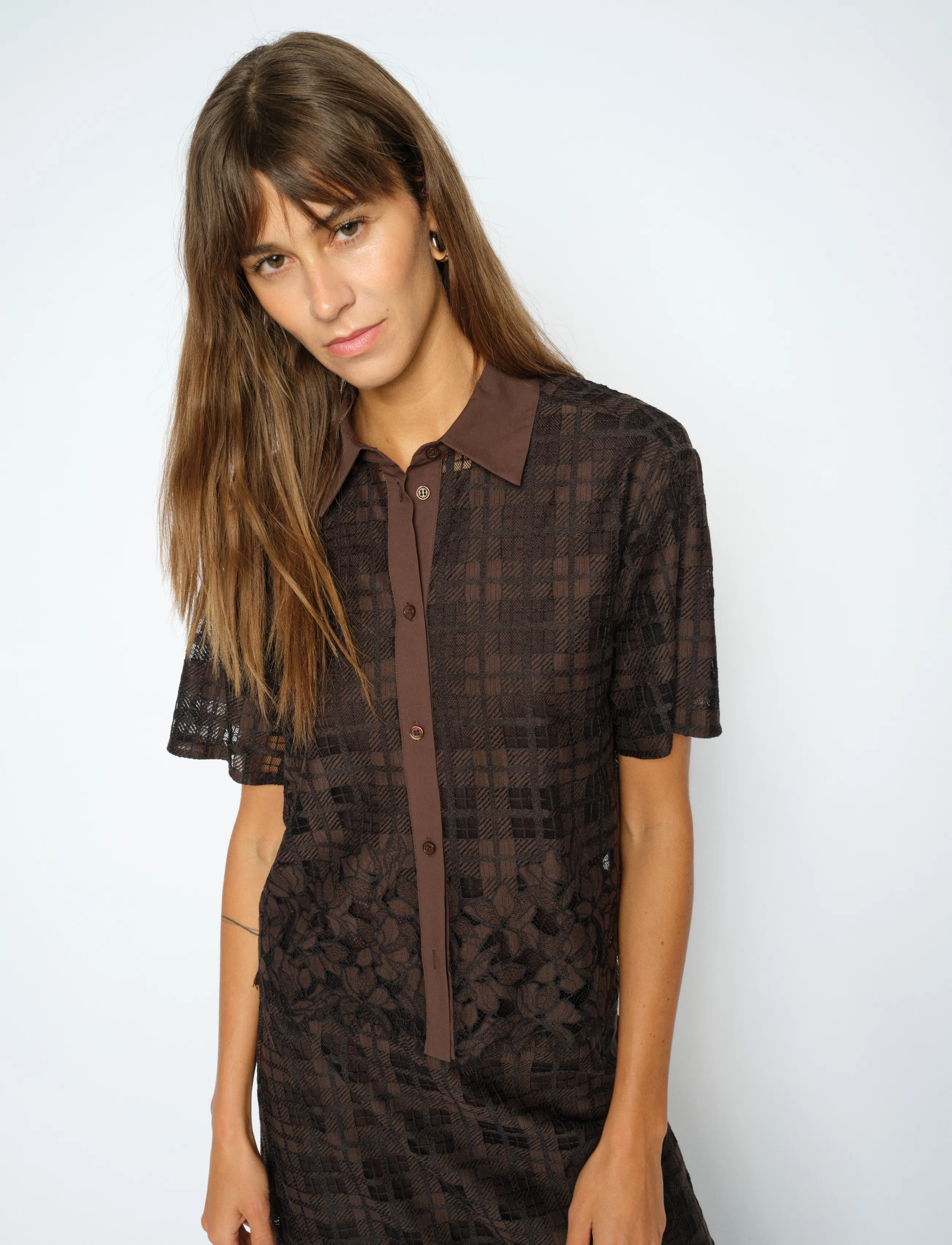 MOS MOSH MMLia Checko SS Lace Shirt - Skjorter - DELICIOSO / brown