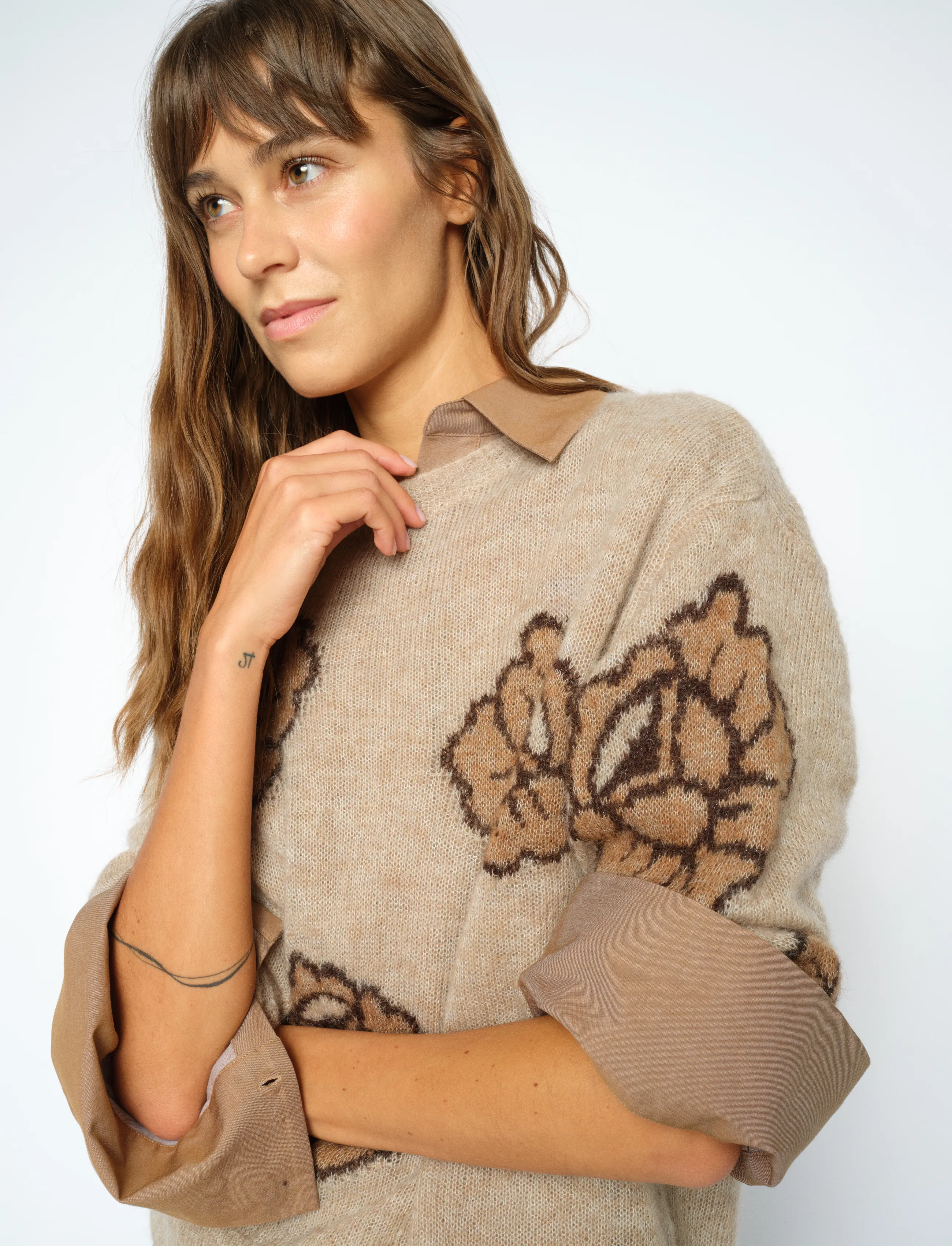 MOS MOSH Mmdrea Popli Knit, Kvinder, Blomstret Striktrøje, Beige, Str: S
