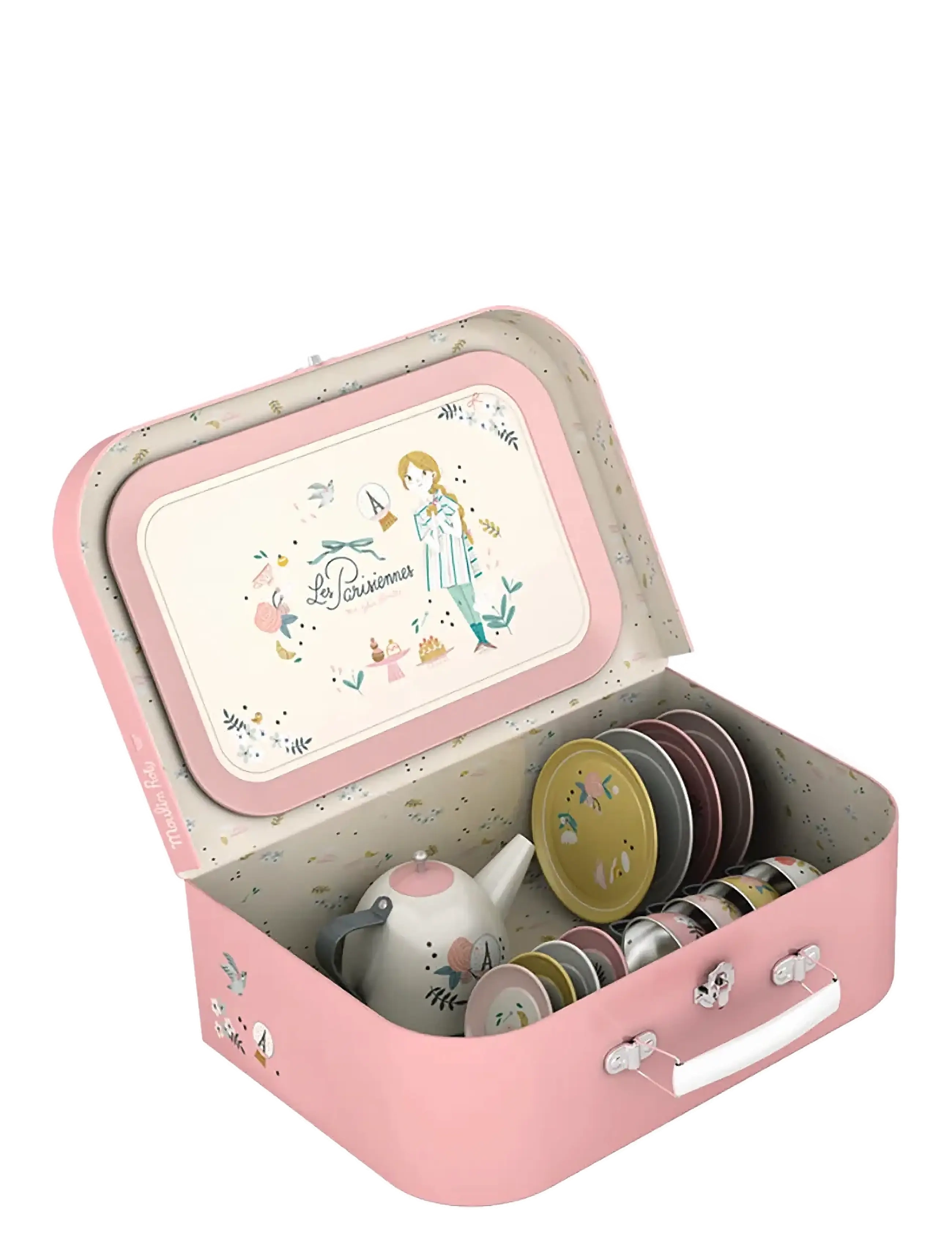 Moulin Roty Tea Set In Carry Case 14 Pcs Les Parisiennes, Børn, Coffee & Tea Sæt, Pink, Str: ONE SIZE