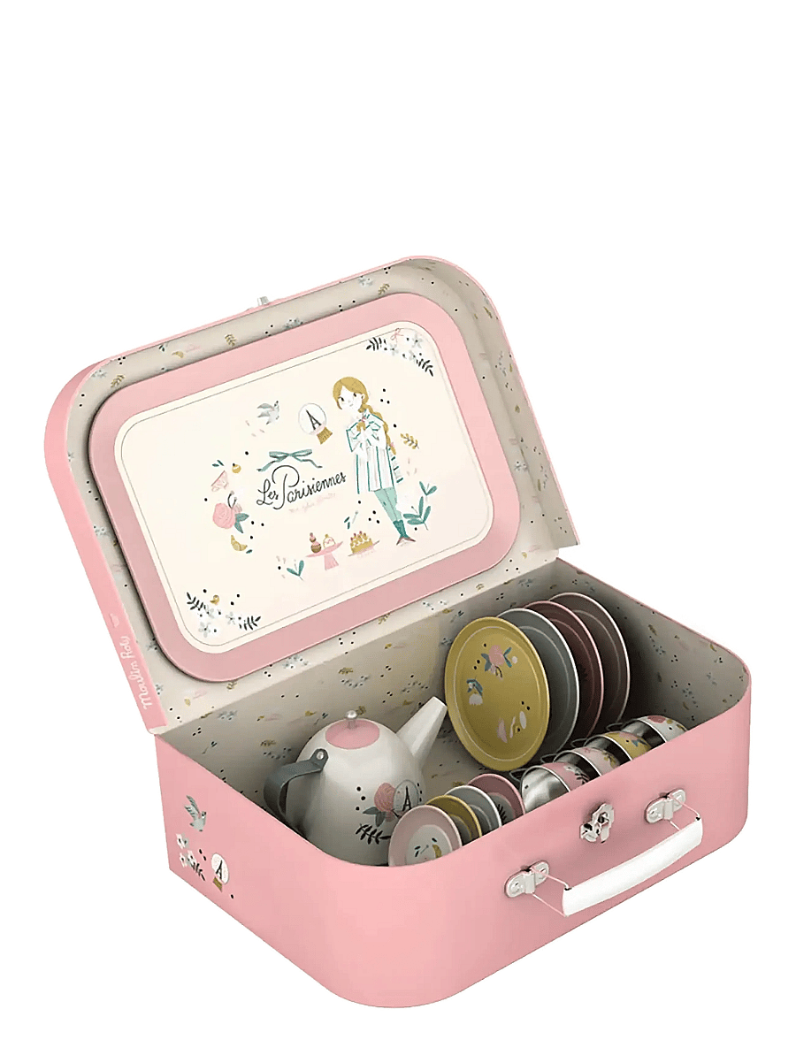 Moulin Roty - Tea Set in Carry Case 14 pcs - Les Parisiennes - kaffe & teserviser - pink - 0