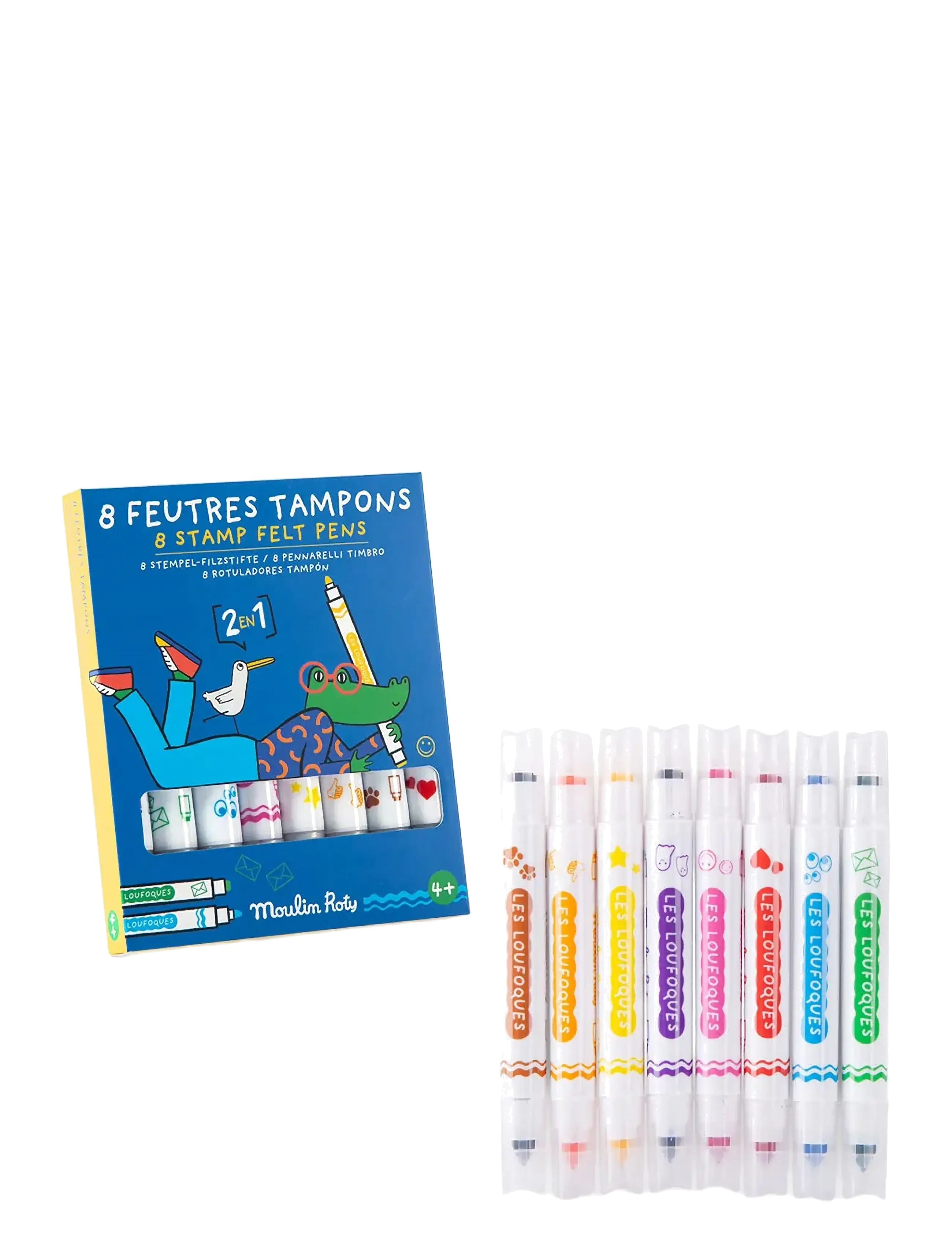 Moulin Roty Felt Pens With Stamps 8 Pcs - Les Loufoques, One Size, Multi/patterned, Tegning > Farveblyanter, Børn