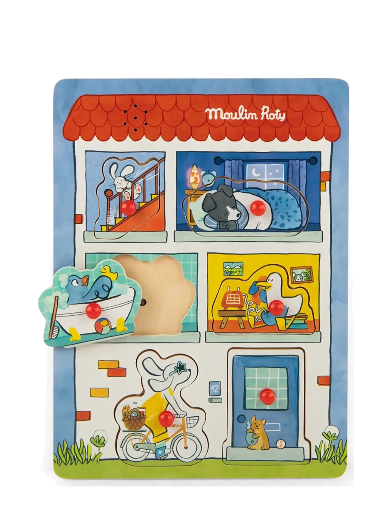 Moulin Roty Peg Puzzle With Sound 6 Pcs - Puce & Pilou, One Size, Multi/patterned, Puslespil > Puslespil Med Pinde, Børn