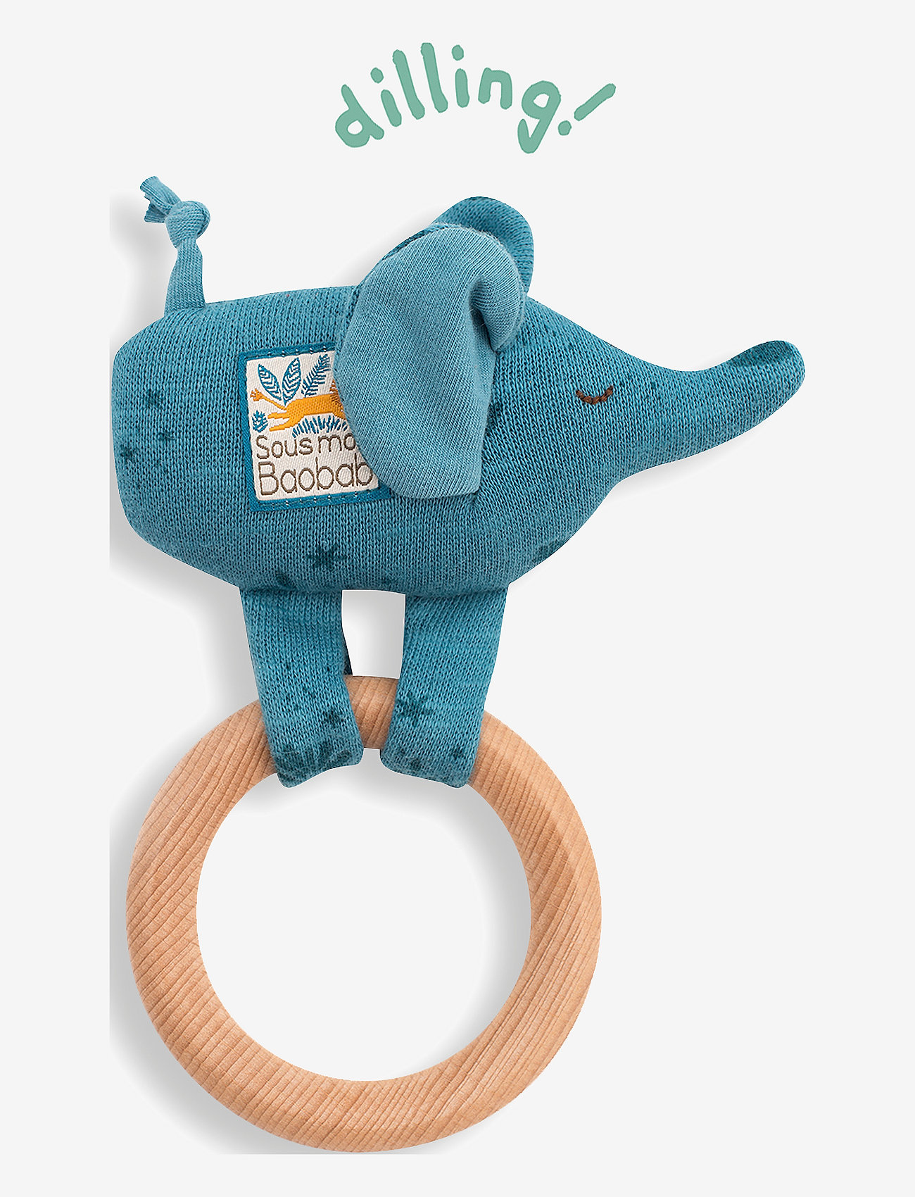 Moulin Roty - Wooden elephant ring rattle Sous mon baobab - laveste priser - blue - 0