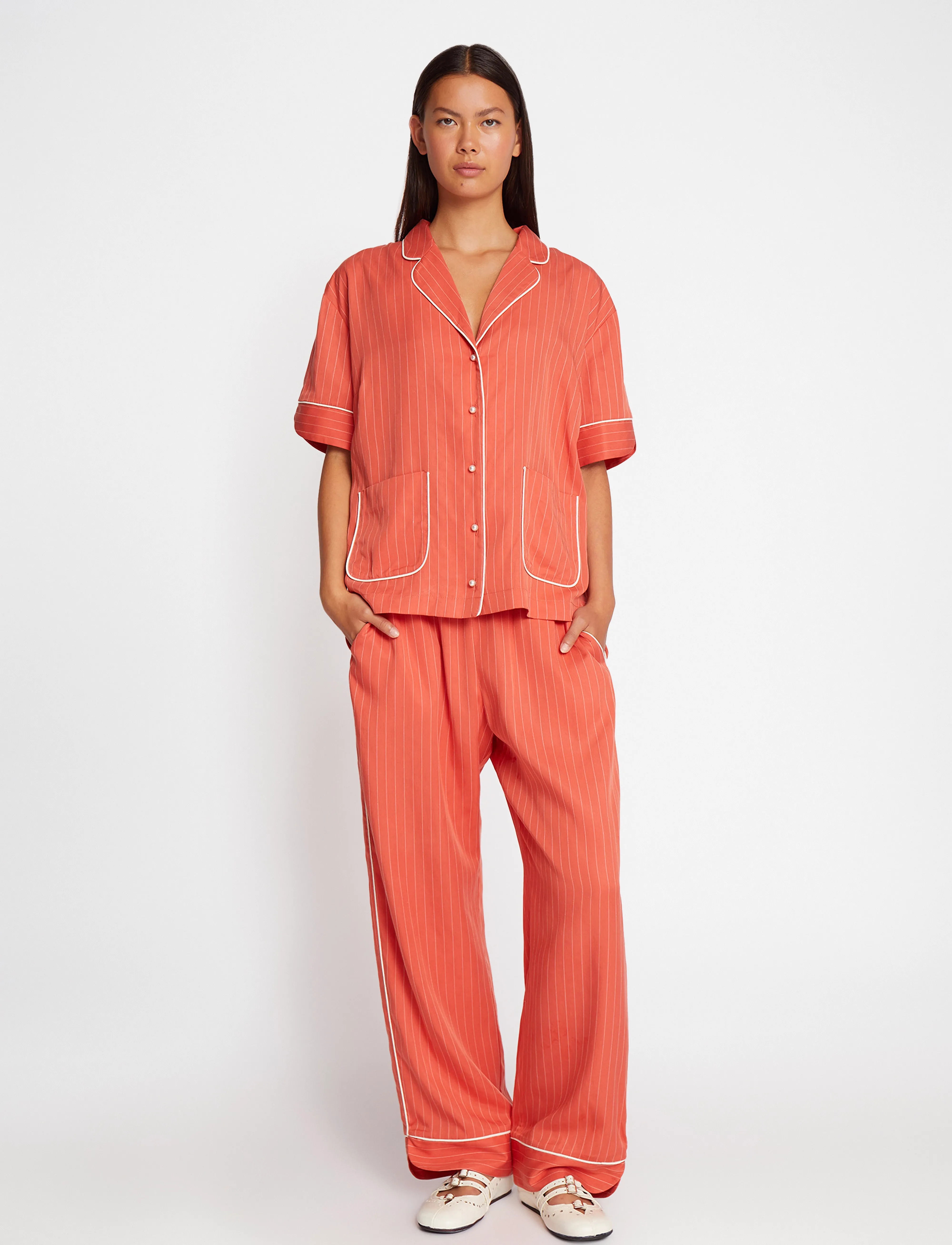 Munthe Ushi, Kvinder, Kortærmet Pyjamaskjorte Med Piping, Orange, Str: 40