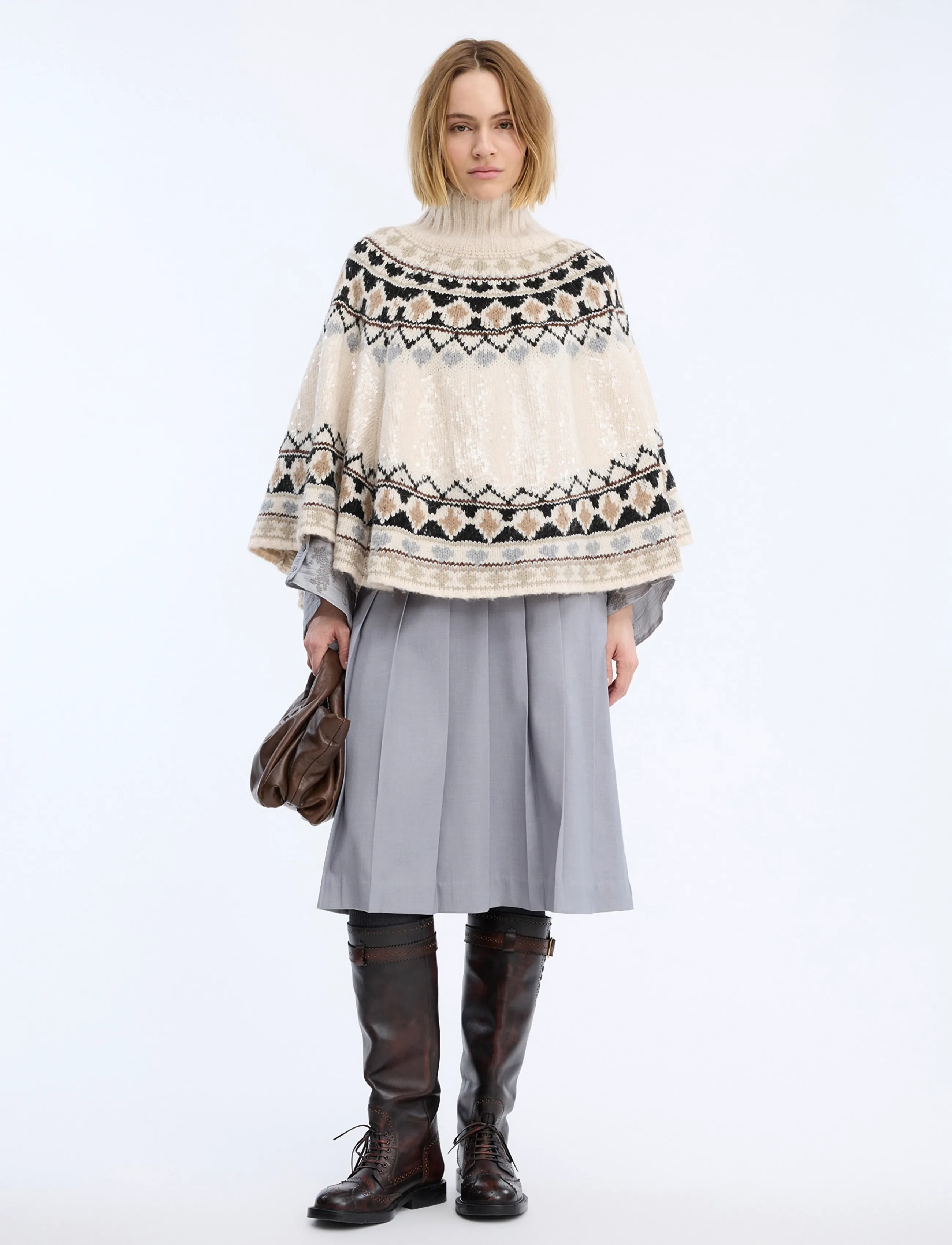 Munthe Verst, Damen, Pailletten Fair Isle Rollkragen Poncho, Creme, Gr.S
