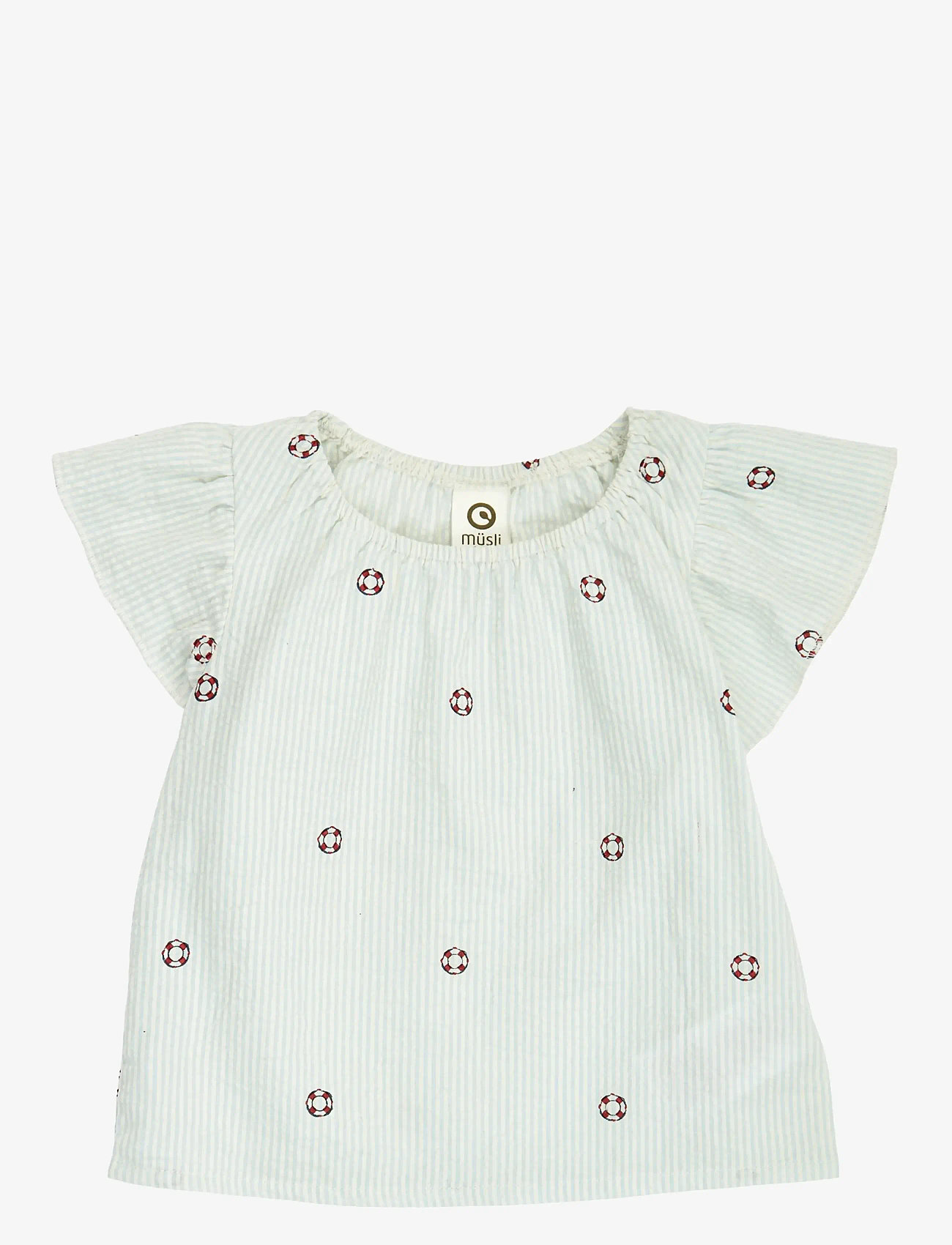 Müsli by Green Cotton Seersucker stripe frill s/s T baby - Alussärgid - TOFU/ OCEAN/ MINERAL RED / green