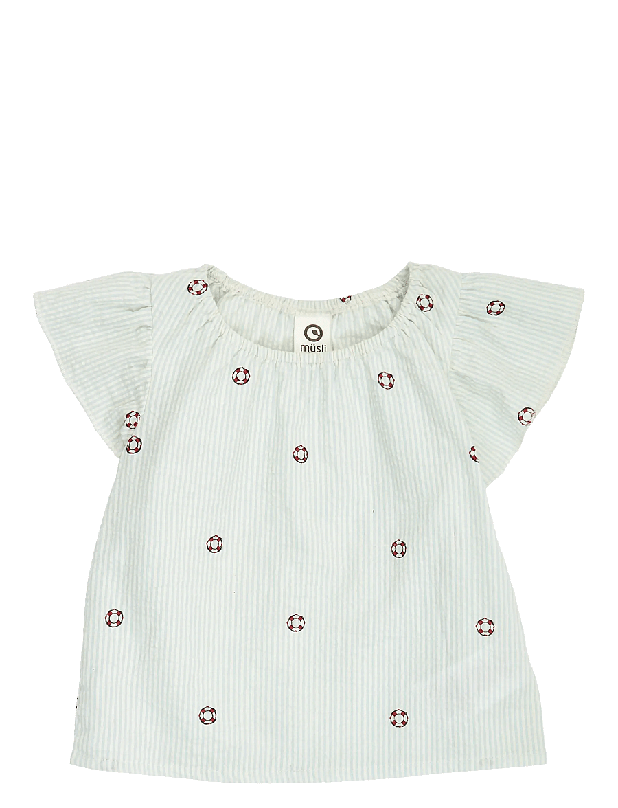 Müsli by Green Cotton - Seersucker stripe frill s/s T baby - bluser & tunikaer - tofu/ ocean/ mineral red - 1