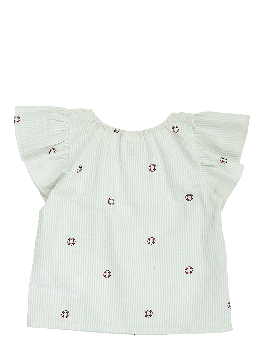Müsli by Green Cotton - Seersucker stripe frill s/s T baby - bluser & tunikaer - tofu/ ocean/ mineral red - 2