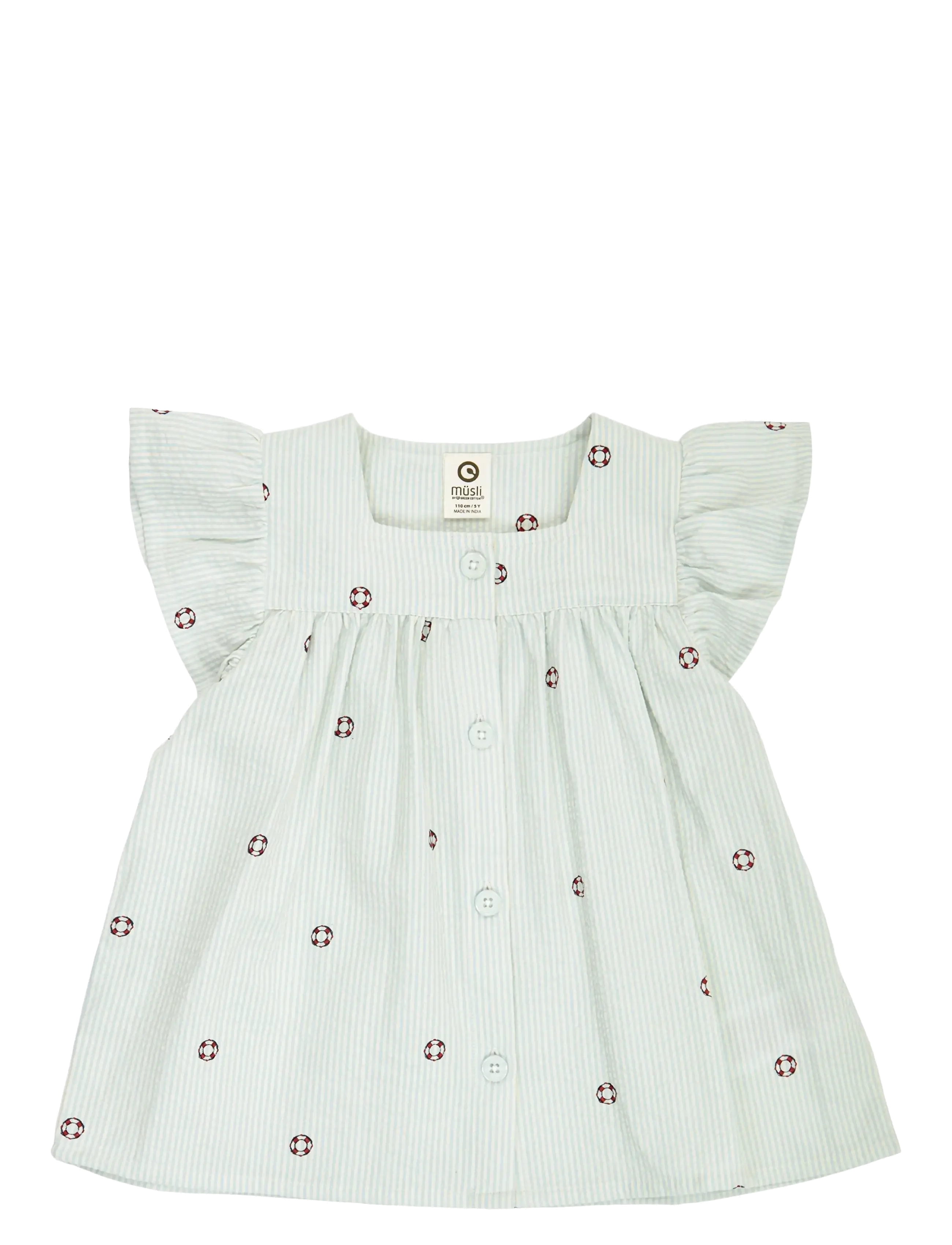 Müsli by Green Cotton Seersucker stripe frill s/s T - Nieuwe Mode - TOFU/ OCEAN/ MINERAL RED / green