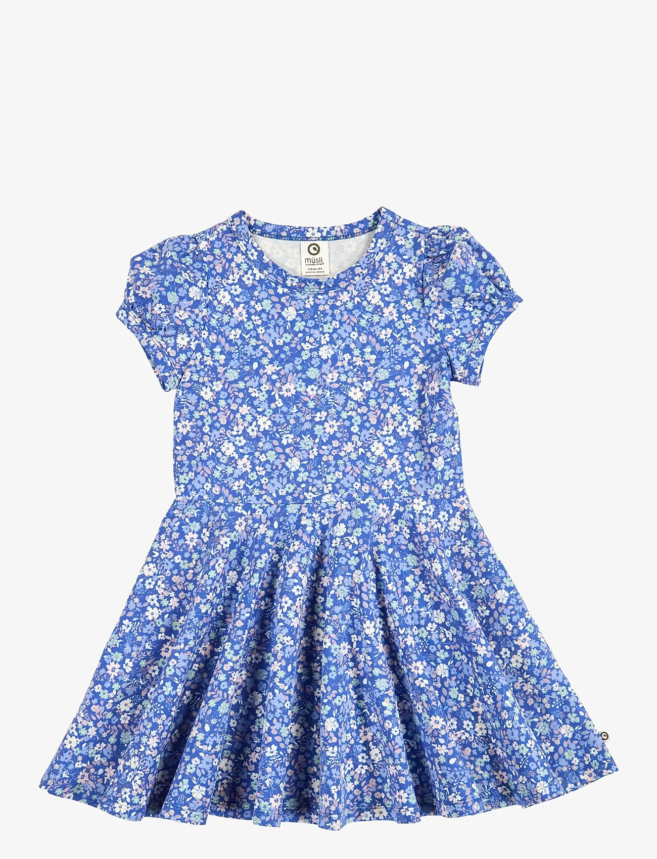 Müsli by Green Cotton - Primrose puff s/s swing dress - kortärmade vardagsklänningar - azure blue/ nectar/ tofu - 1