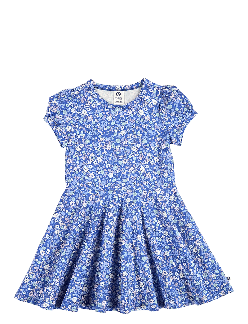 Müsli by Green Cotton - Primrose puff s/s swing dress - kortärmade vardagsklänningar - azure blue/ nectar/ tofu - 1