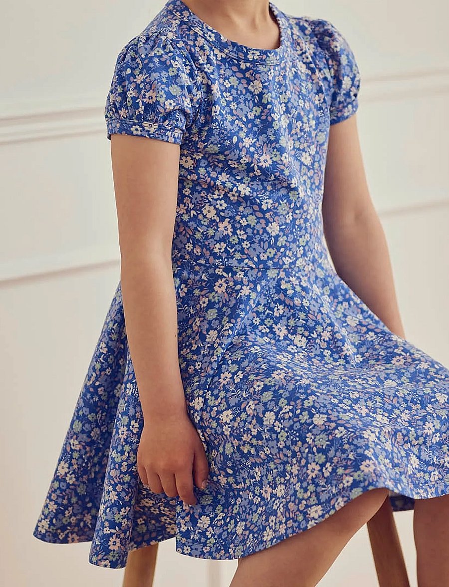 Müsli by Green Cotton - Primrose puff s/s swing dress - azure blue/ nectar/ tofu - 3