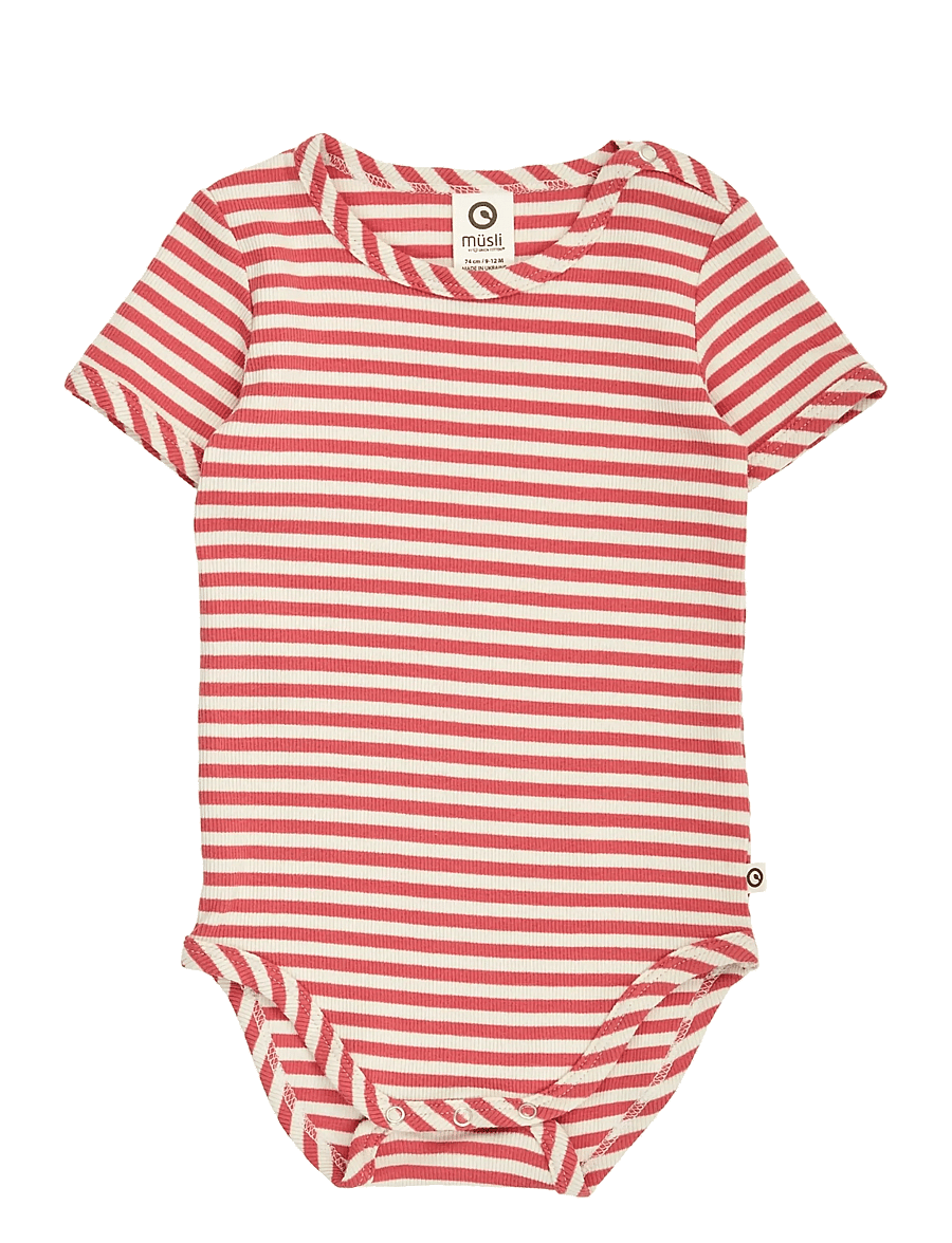 Müsli by Green Cotton - Rib stripe s/s body - kortærmede bodyer - mineral red/ tofu - 0