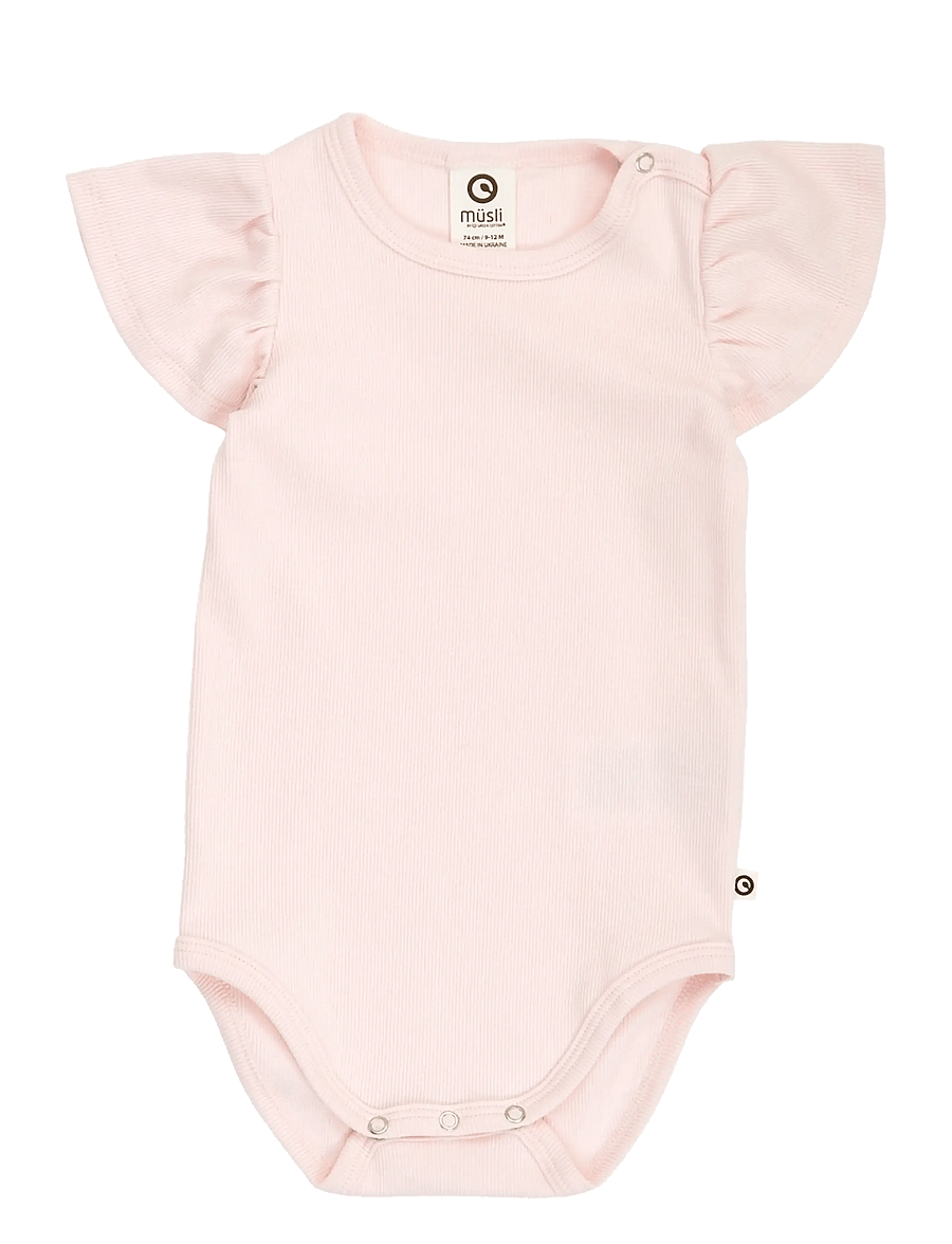 Müsli by Green Cotton - Cozy me rib frill s/s body - kortærmede bodyer - primrose - 0