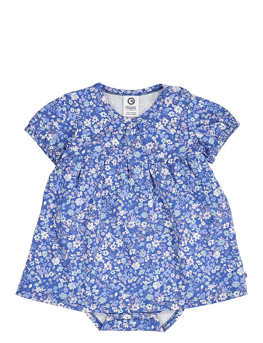 Müsli by Green Cotton - Primrose puff s/s dress body - kortærmede babykjoler - azure blue/ nectar/ tofu - 0