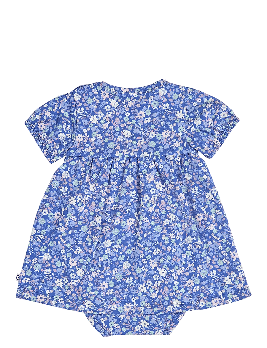 Müsli by Green Cotton - Primrose puff s/s dress body - kurzärmelige babykleider - azure blue/ nectar/ tofu - 1