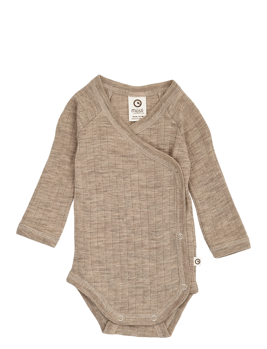 Müsli by Green Cotton - Woolly rib wrap l/s body - uldundertøj baby - balsam melange - 0