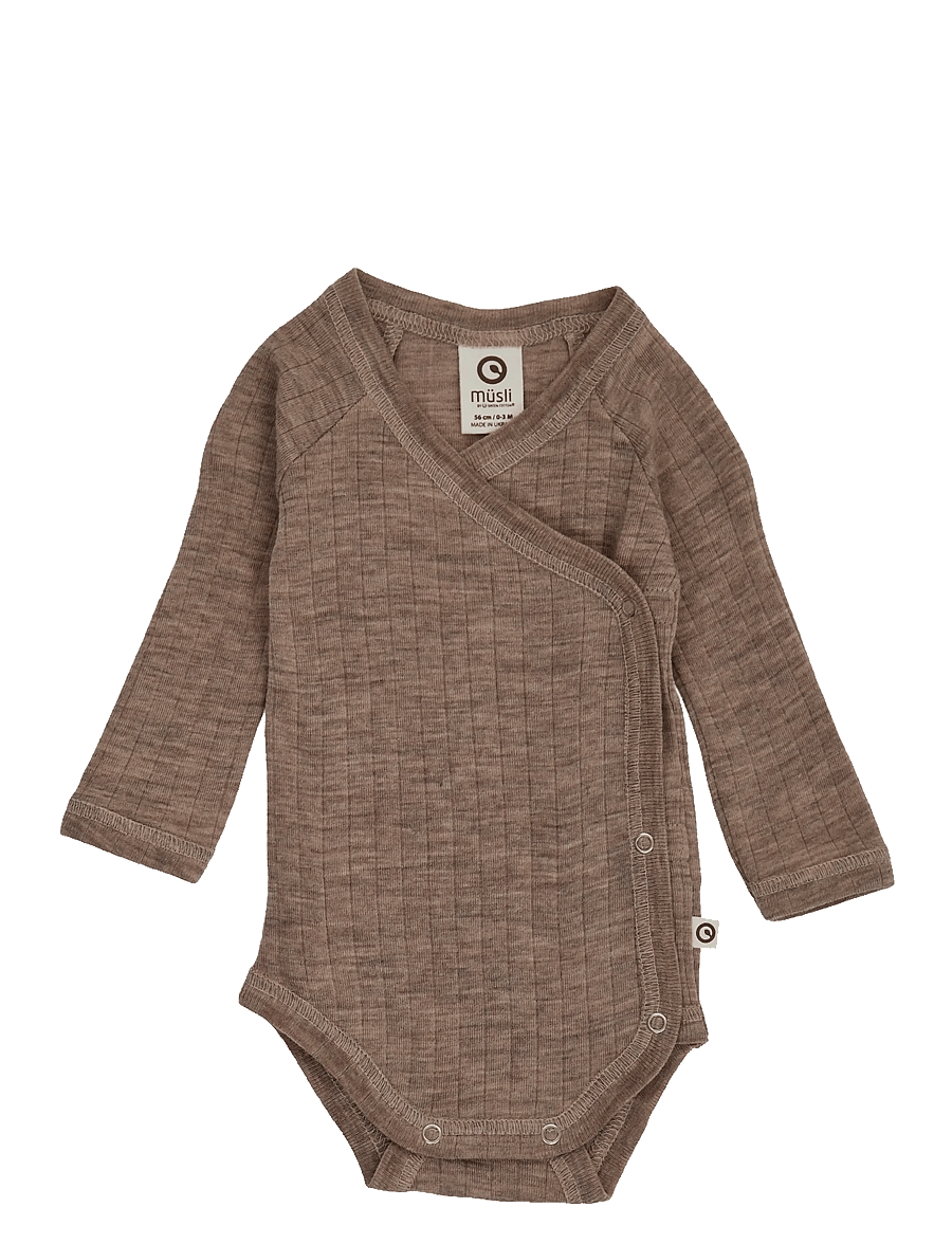 Müsli by Green Cotton - Woolly rib wrap l/s body - uldundertøj baby - walnut melange - 1