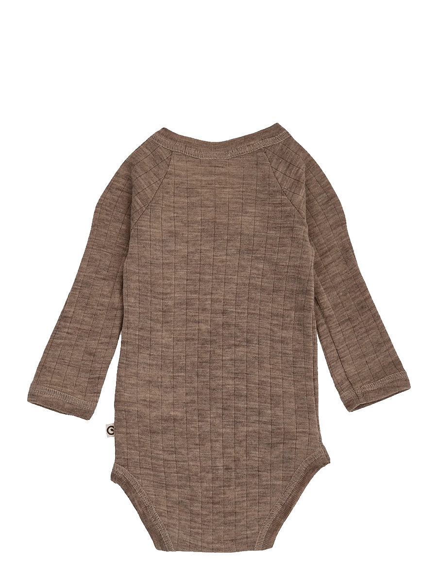 Müsli by Green Cotton - Woolly rib wrap l/s body - uldundertøj baby - walnut melange - 2