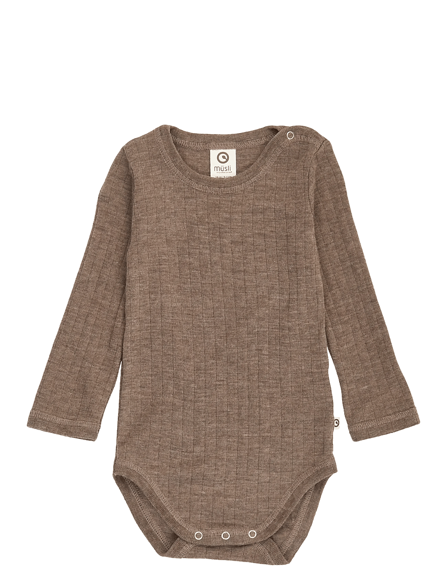 Müsli by Green Cotton - Woolly rib l/s body - uldundertøj baby - walnut melange - 0