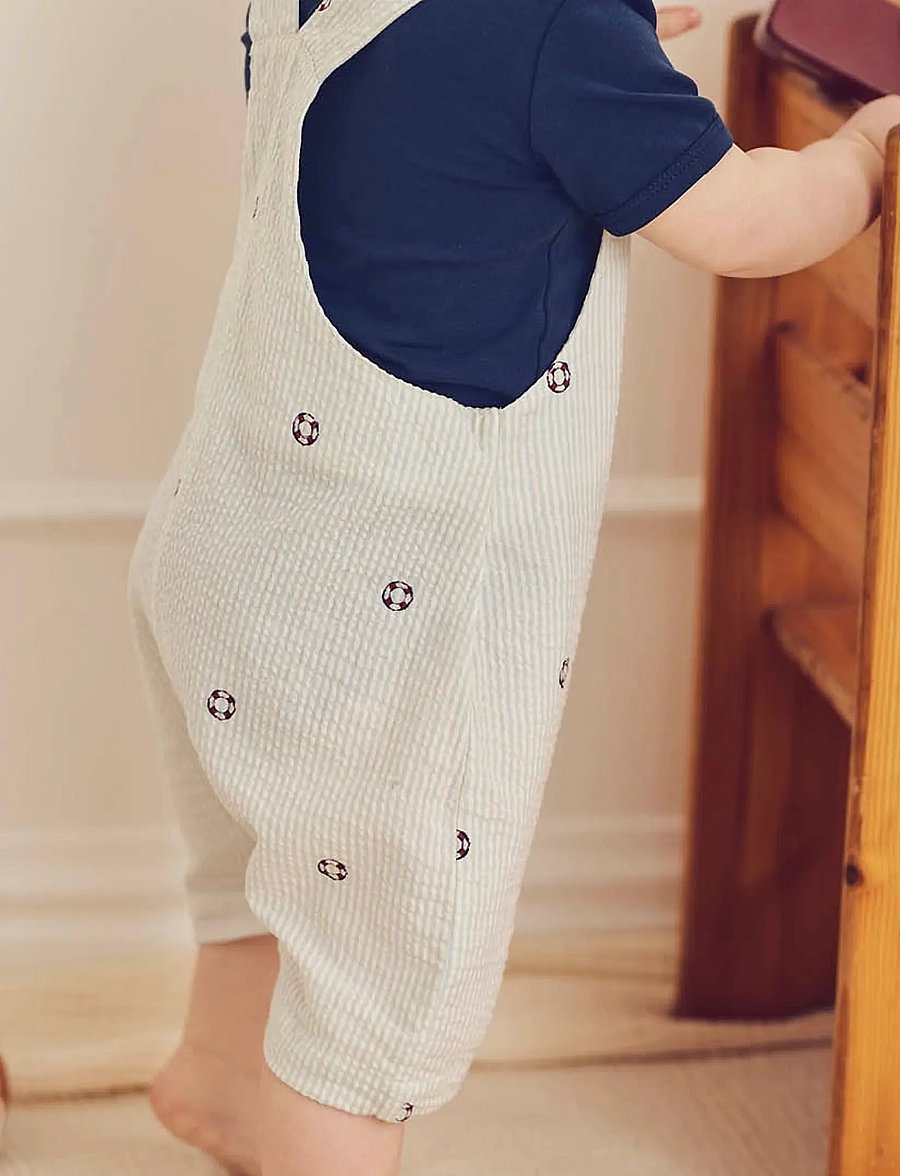 Müsli by Green Cotton - Seersucker stripe overalls baby - buksedragter - tofu/ ocean/ mineral red - 3