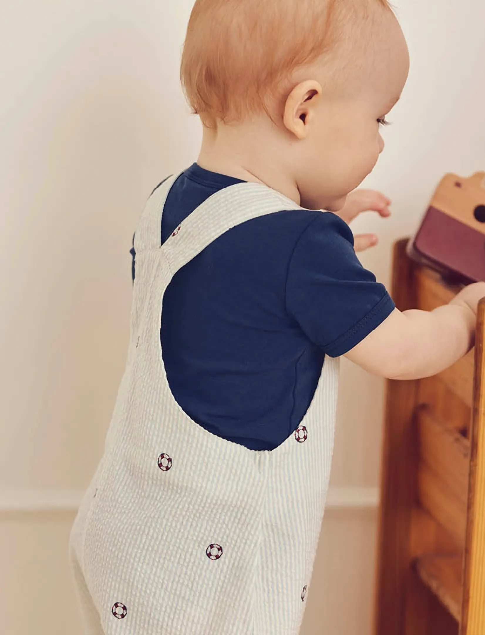 Müsli by Green Cotton - Seersucker stripe overalls baby - buksedragter - tofu/ ocean/ mineral red - 4