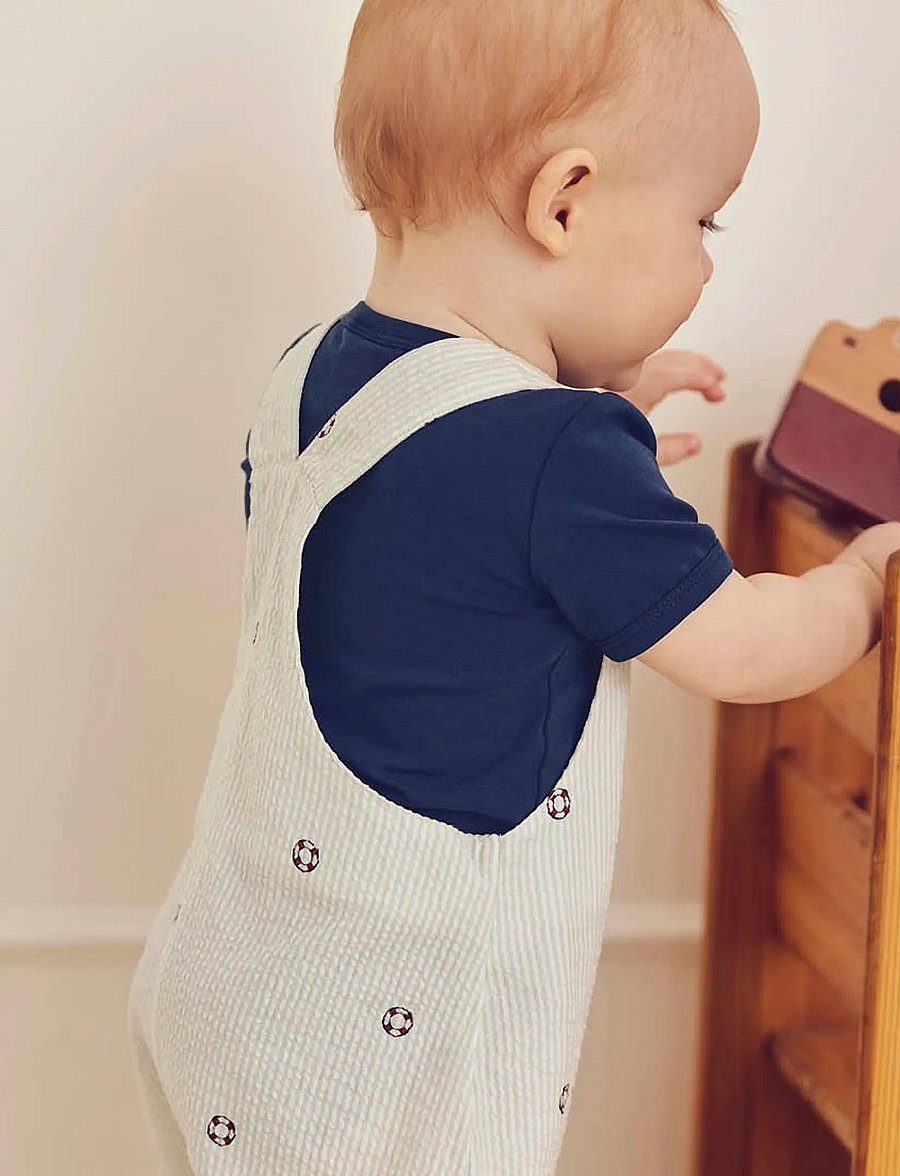 Müsli by Green Cotton - Seersucker stripe overalls baby - buksedragter - tofu/ ocean/ mineral red - 4