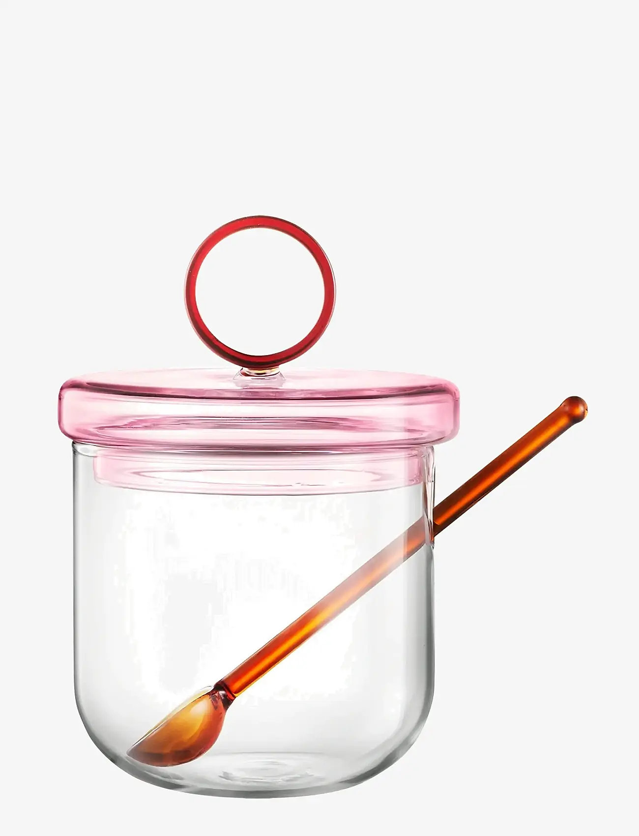 Muurla - Loop sockerburk med lock och sked 14 cm, klar/rosa/bärnsten - förvaringsburkar - clear - 0
